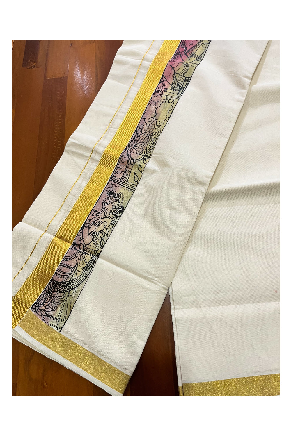 Pure Cotton Kerala Double Mundu with Hand Painted Designs on Kasavu Border (Vishu Collection 2024)