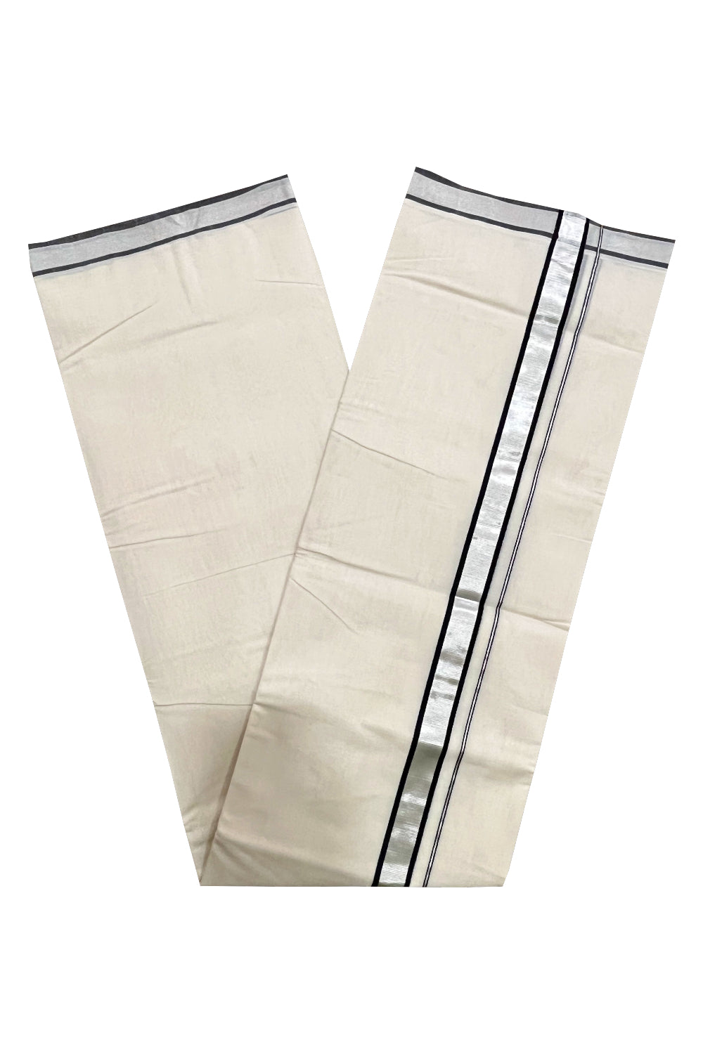 Southloom Premium Handloom Pure Cotton Mundu with Black and Silver Kasavu Border (South Indian Kerala Dhoti)