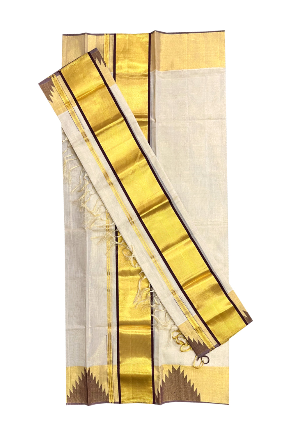 Southloom Handloom Premium Tissue Kasavu Set Mundu With Brown Big Temple Woven Patterns (Mundum Neriyathum) 2.70 Mtrs