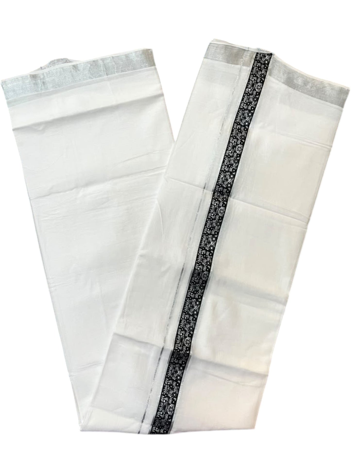 Southloom Pure White Cotton Mundu with Black and Silver Kasavu Border (South Indian Kerala Dhoti)