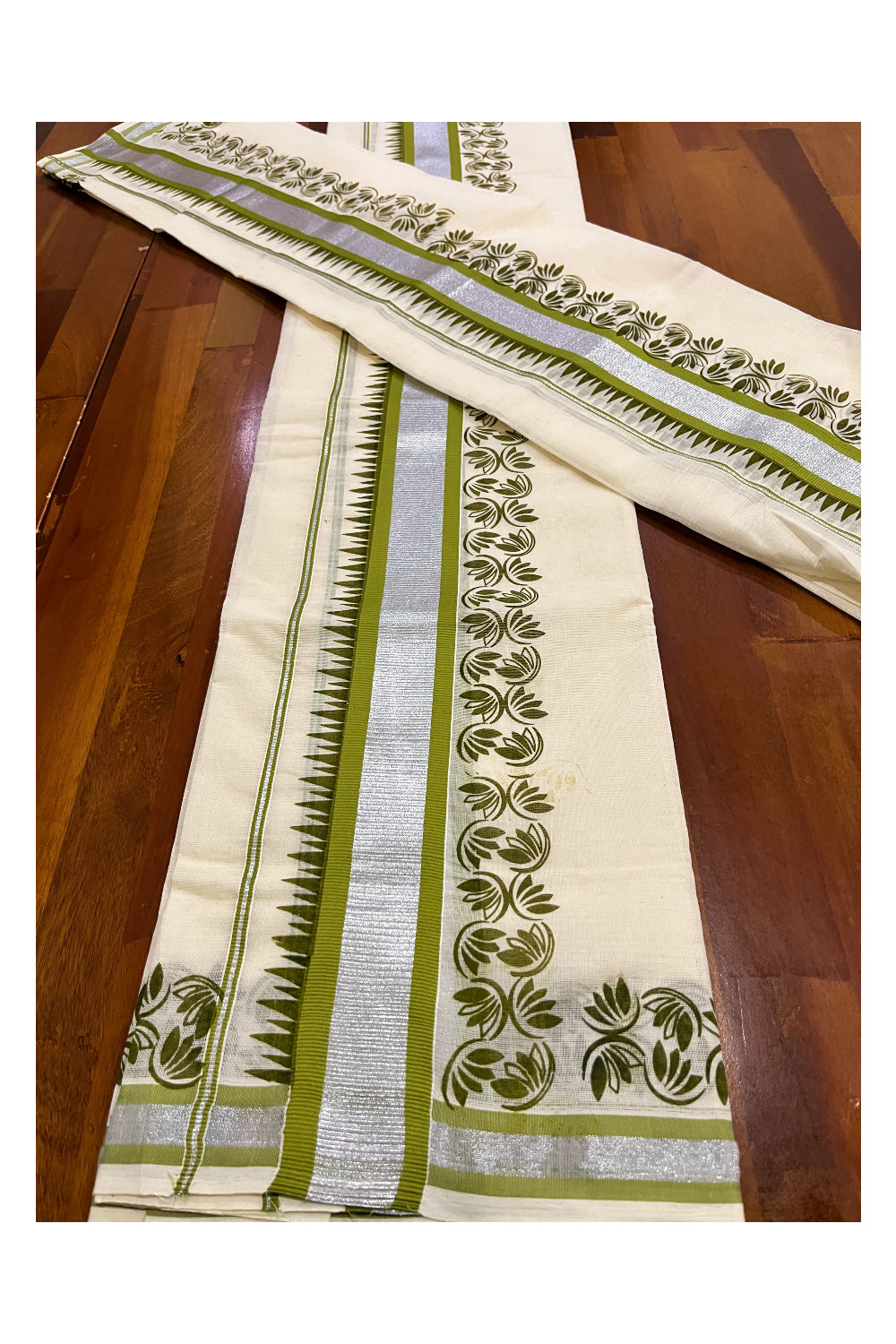 Kerala Pure Cotton Set Mundu Single (Mundum Neriyathum) with Olive Green Floral Temple Block Prints on Silver Kasavu Border