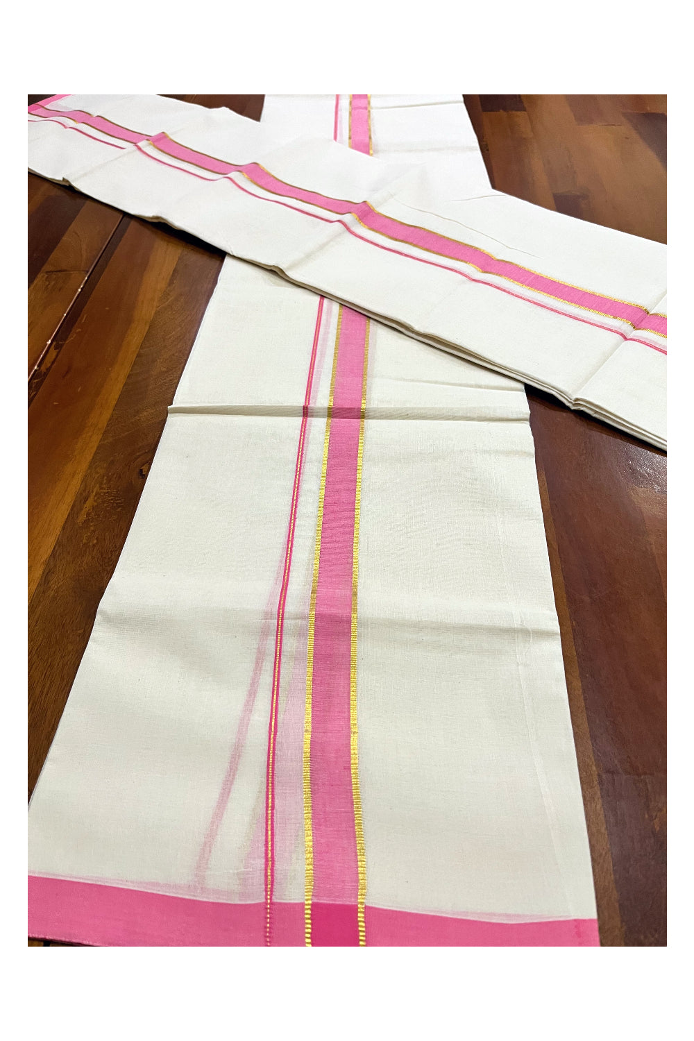 Kerala Pure Cotton Set Mundu Single (Mundum Neriyathum) with Pink and Kasavu Border