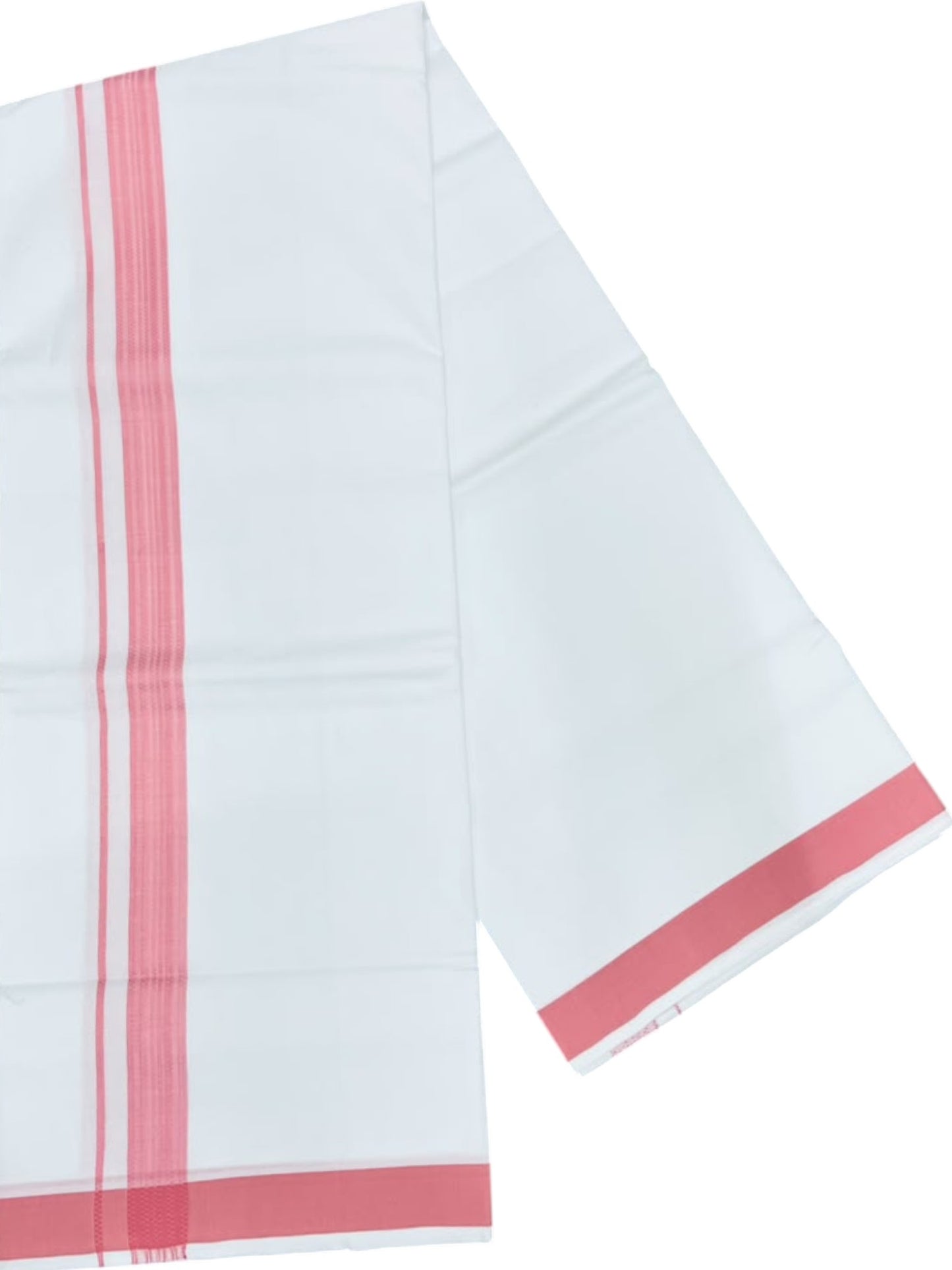 Southloom Pure White Single Cotton Mundu with Pink Border (South Indian Kerala Dhoti)