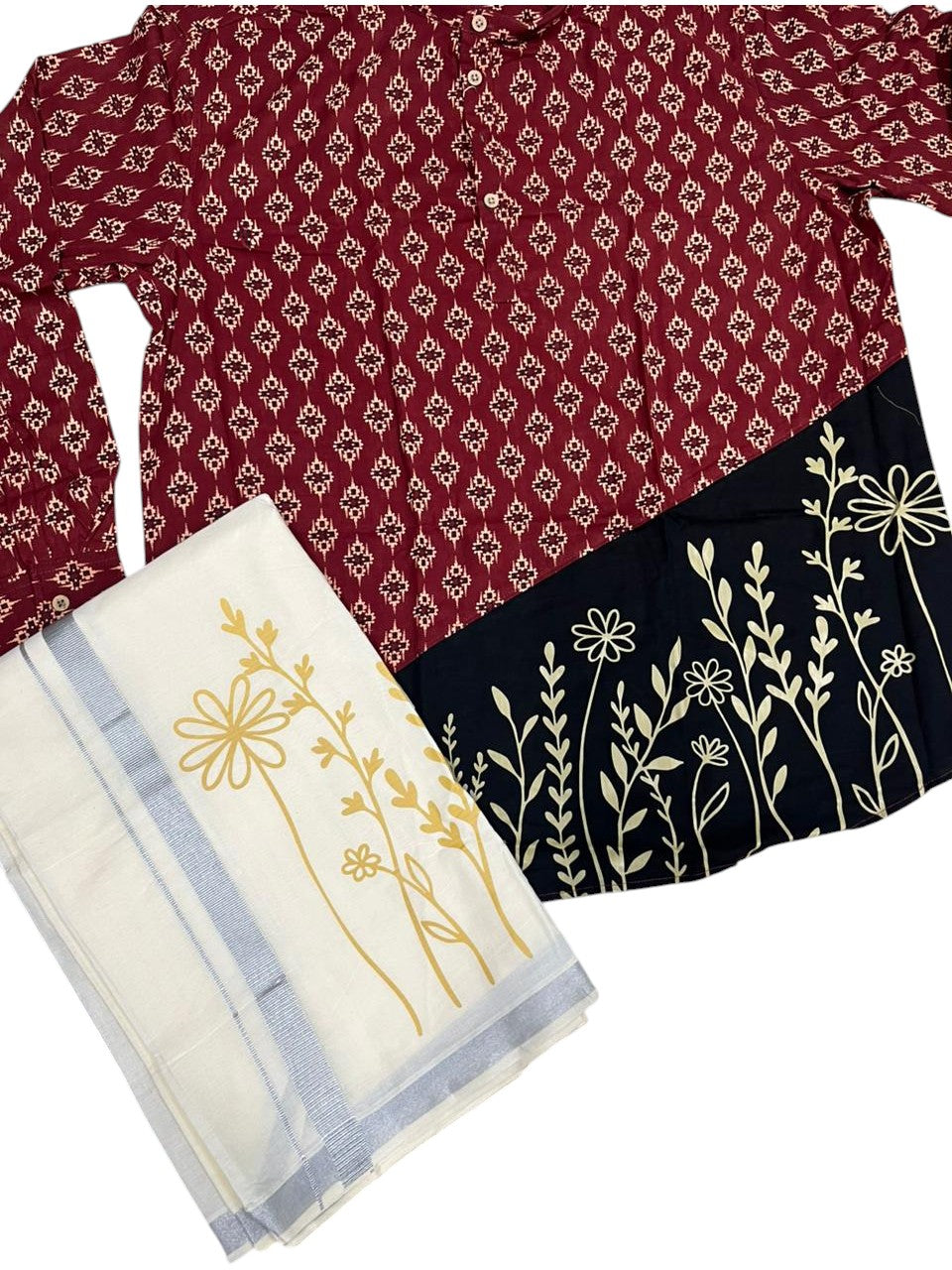 Southloom Cotton Ajrakh Printed Maroon Men's Combo (Shirt + Mundu) SLCOMBO SL579
