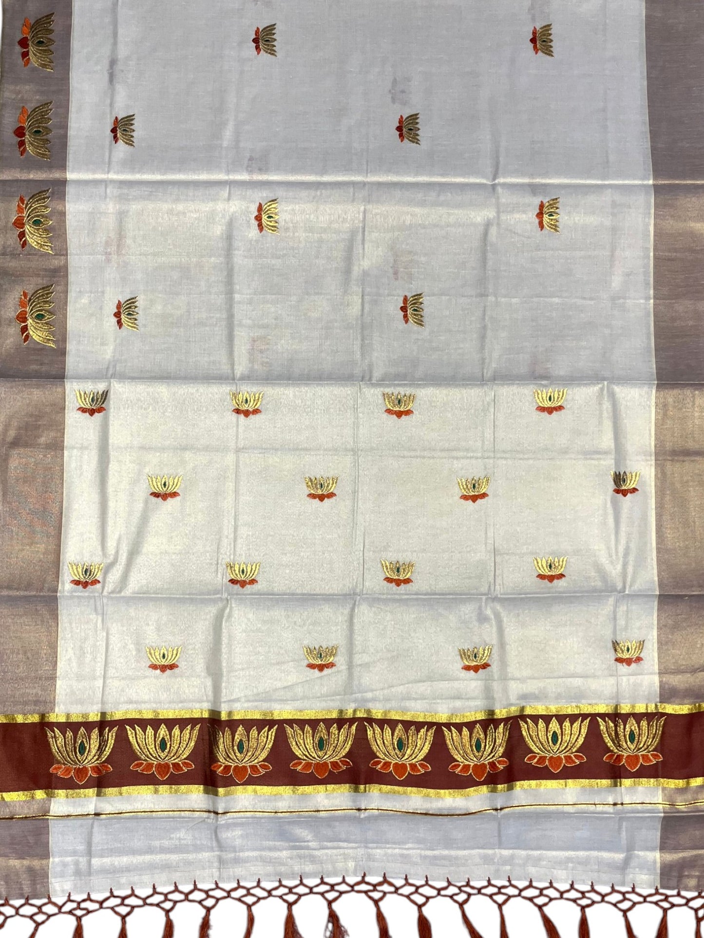 Southloom Kerala Tissue Kasavu Saree with Brown And Golden Lotus Embroidary Works on Body SL273