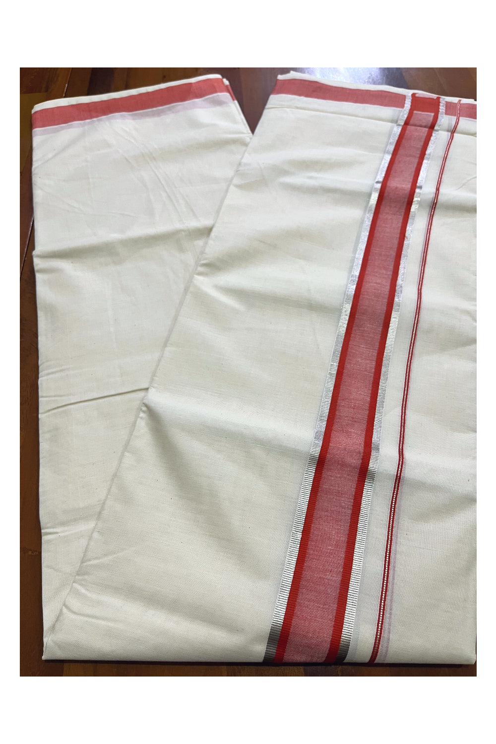 Kerala Cotton Off White Double Mundu with Silver Kasavu and Orange Border (South Indian Kerala Dhoti)