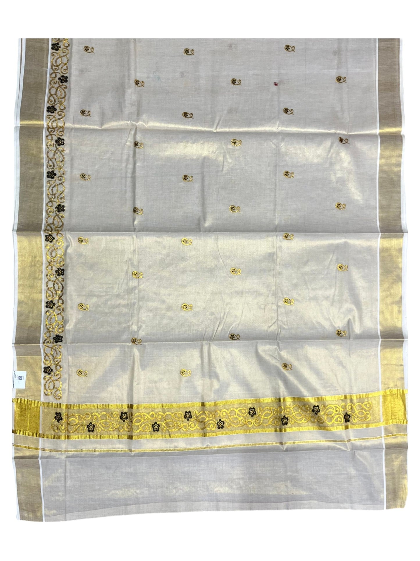 Southloom Kerala Tissue Kasavu Saree with Golden and Black  Embroidery Work on Body