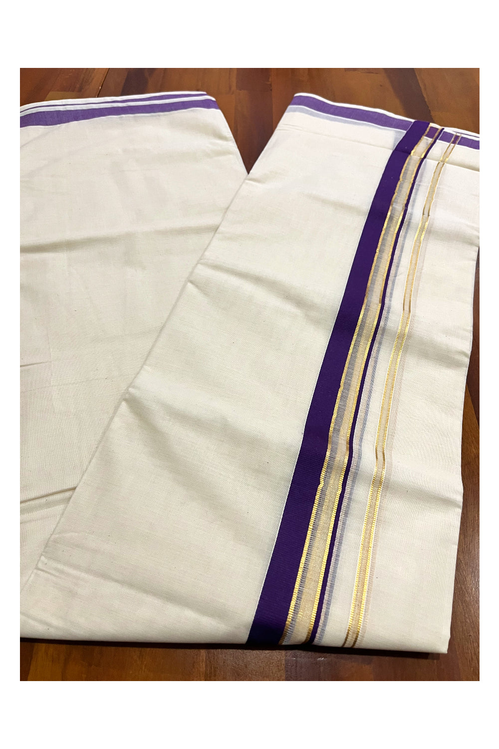 Kerala Pure Cotton Double Mundu with Violet and Kasavu Border (South Indian Kerala Dhoti)