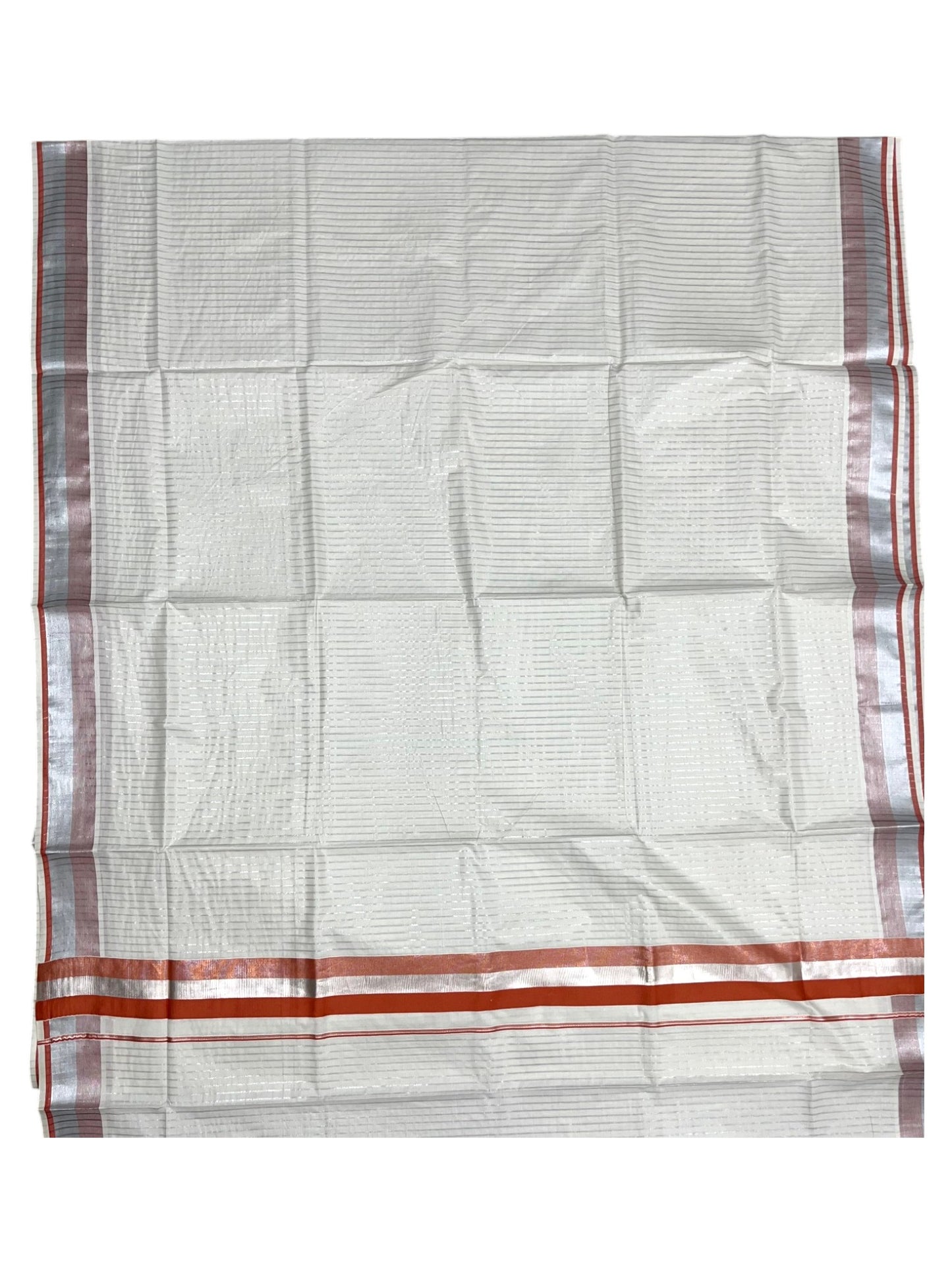 Southloom Pure Cotton Kerala Saree with Silver Kasavu Lines Across Body and Orange Border