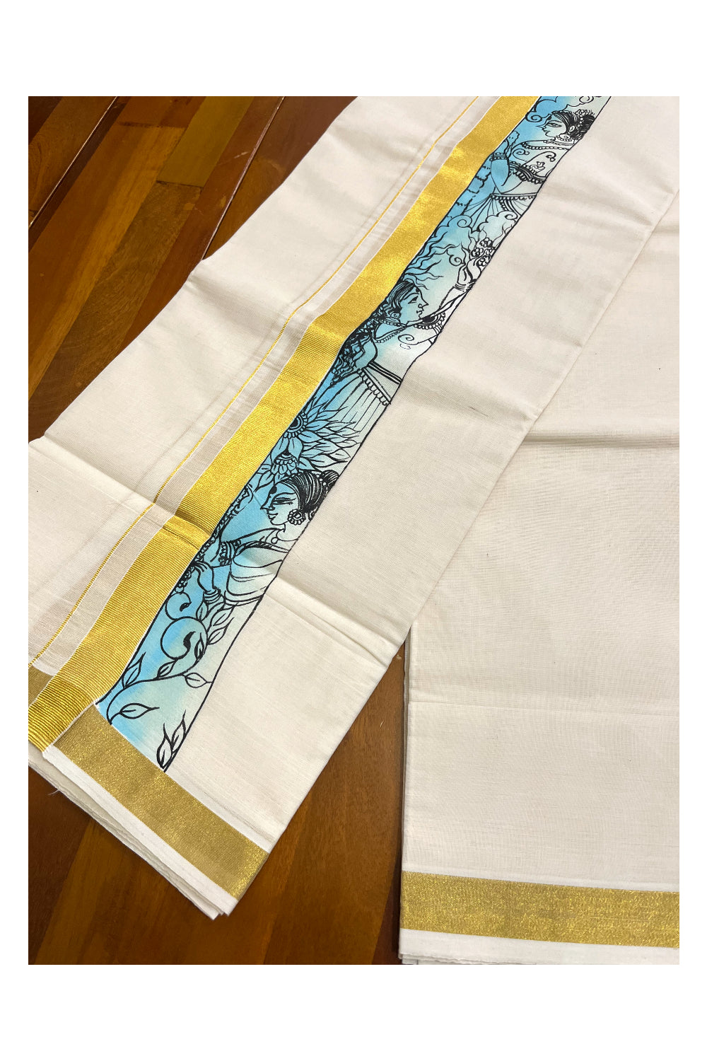 Kerala Pure Cotton Double Mundu with Mural Hand Painted Design on Kasavu Border (South Indian Kerala Dhoti)