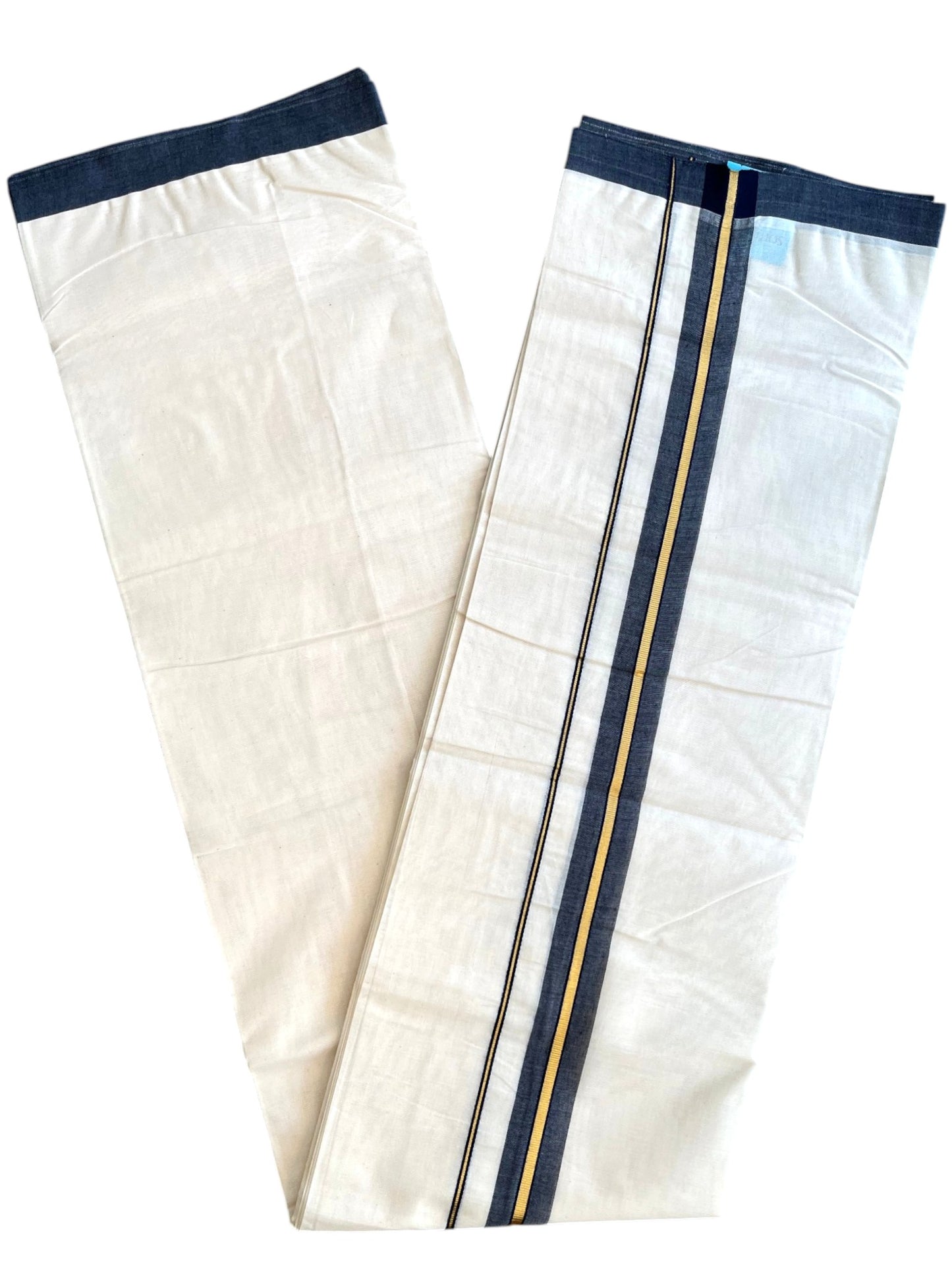 Southloom Pure Cotton Mundu with Golden Lines and Black Border (South Indian Kerala Dhoti)