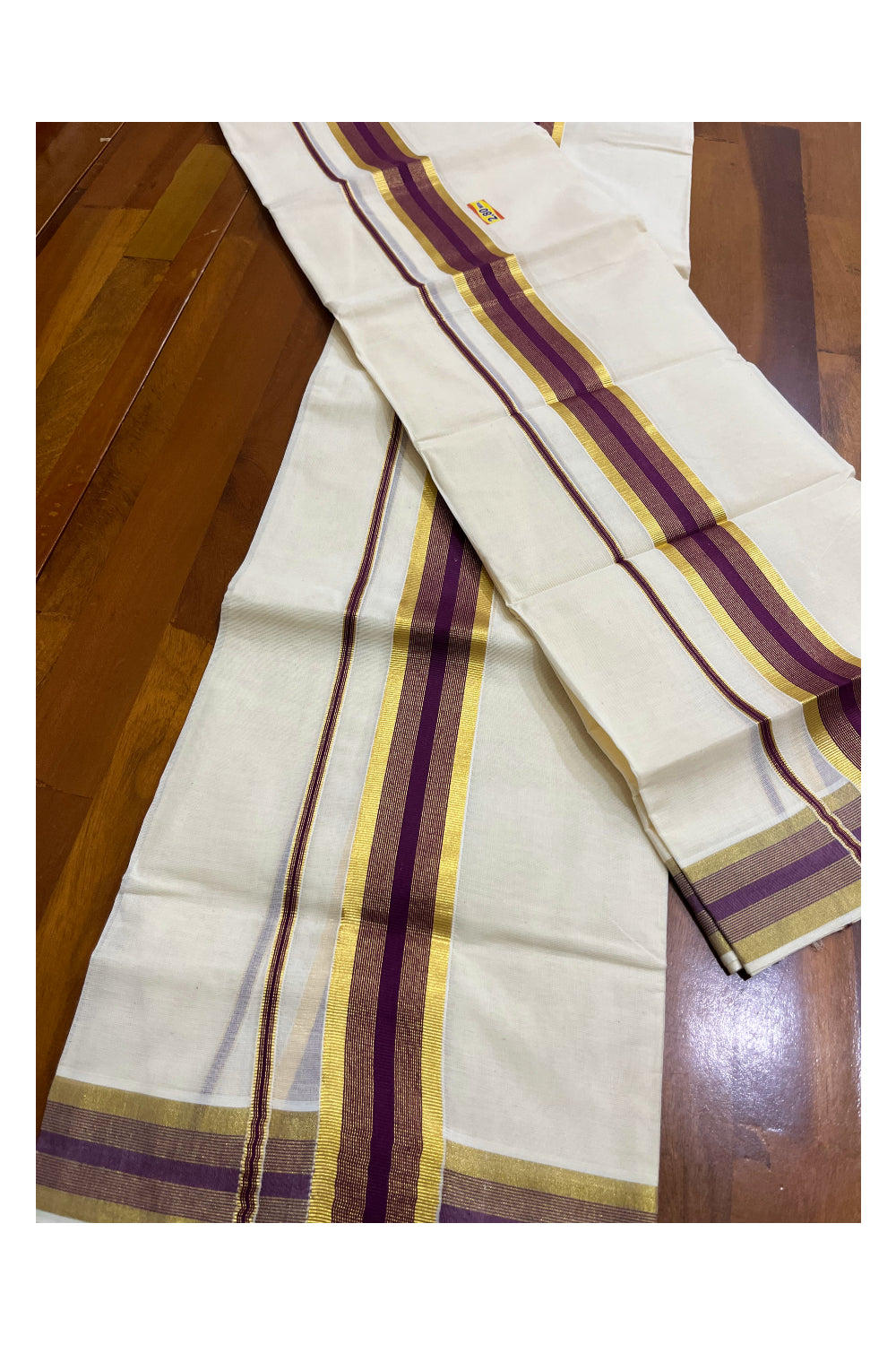 Kerala Cotton Set Mundu (Mundum Neriyathum) with Violet and Kasavu Border 2.80 Mtrs