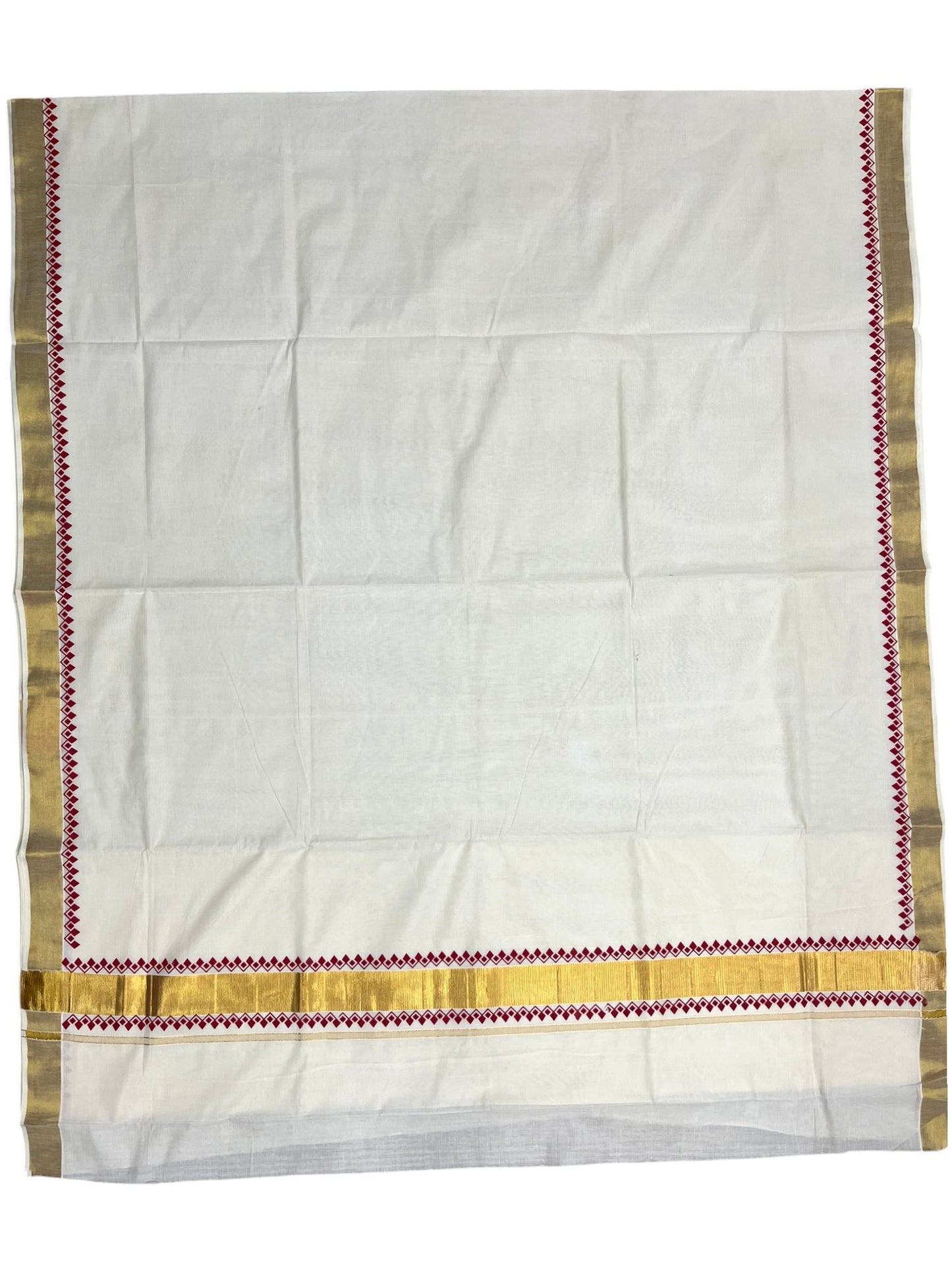 Southloom Cotton Kerala Kasavu Saree with Red Block Printed Design