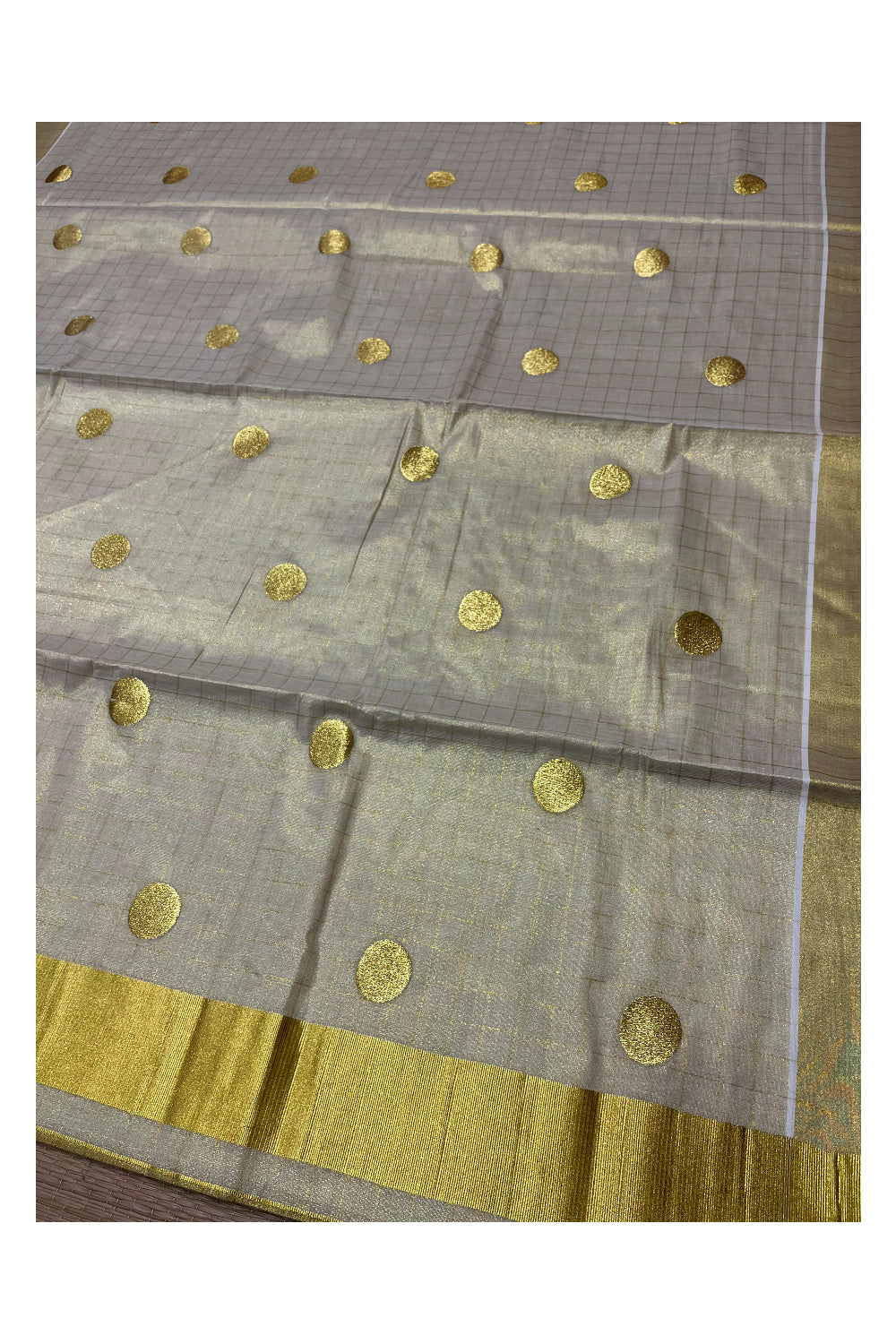 Kerala Tissue Kasavu Checked Saree with Polka Woven Designs on Body and Pallu