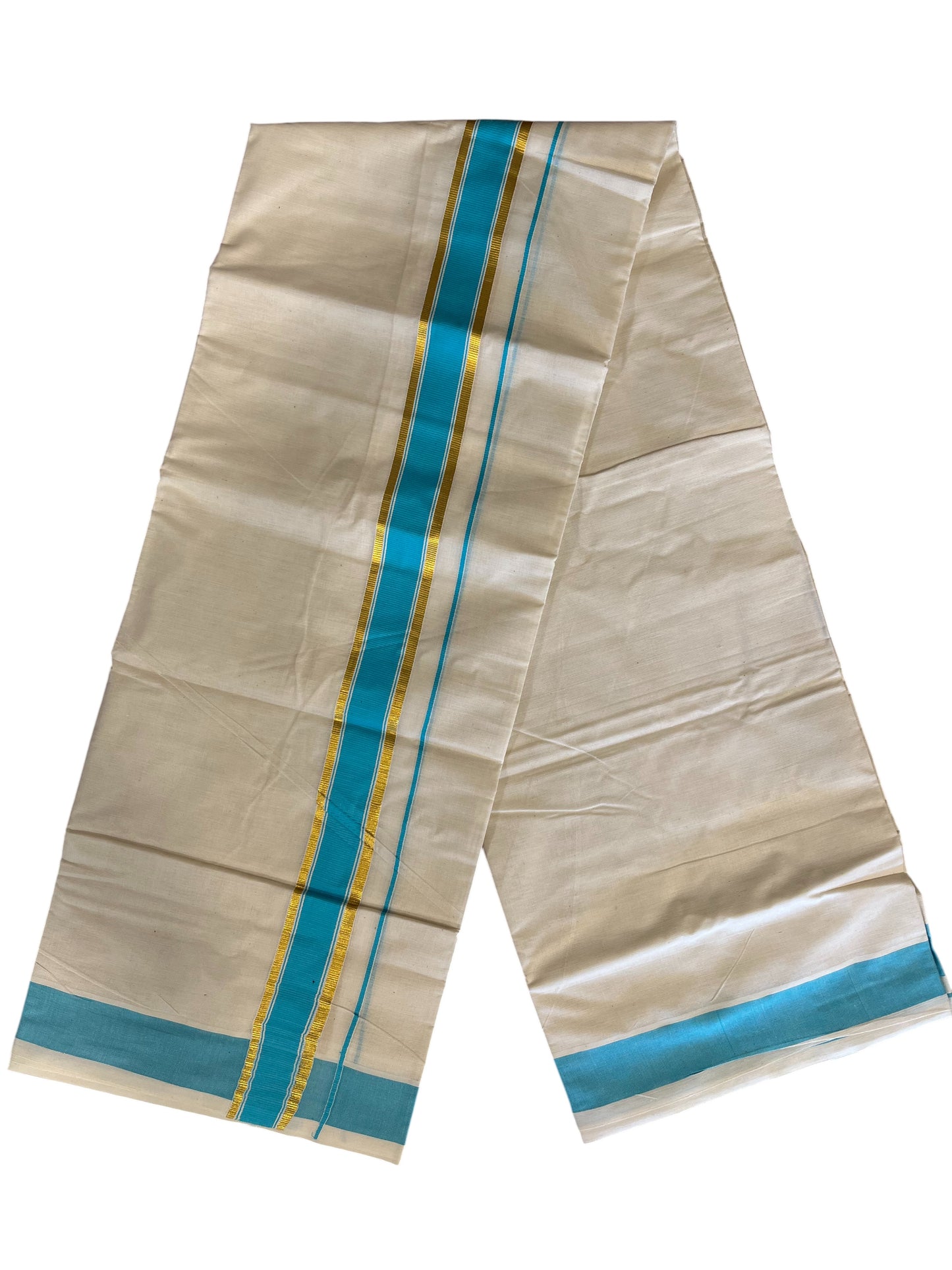 Southloom Pure Cotton Mundu with Gold Kasavu and Blue Colour Border (South Indian Kerala Dhoti)