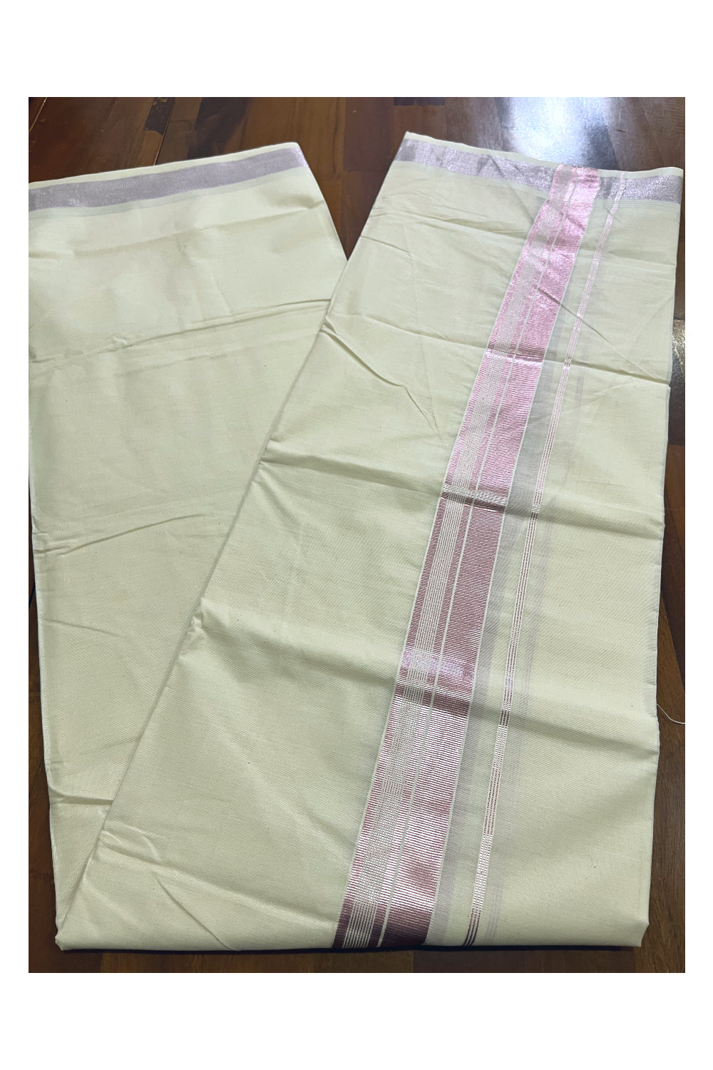 Pure Cotton Kerala Double Mundu with Rose Copper Kasavu Border (South Indian Kerala Dhoti)