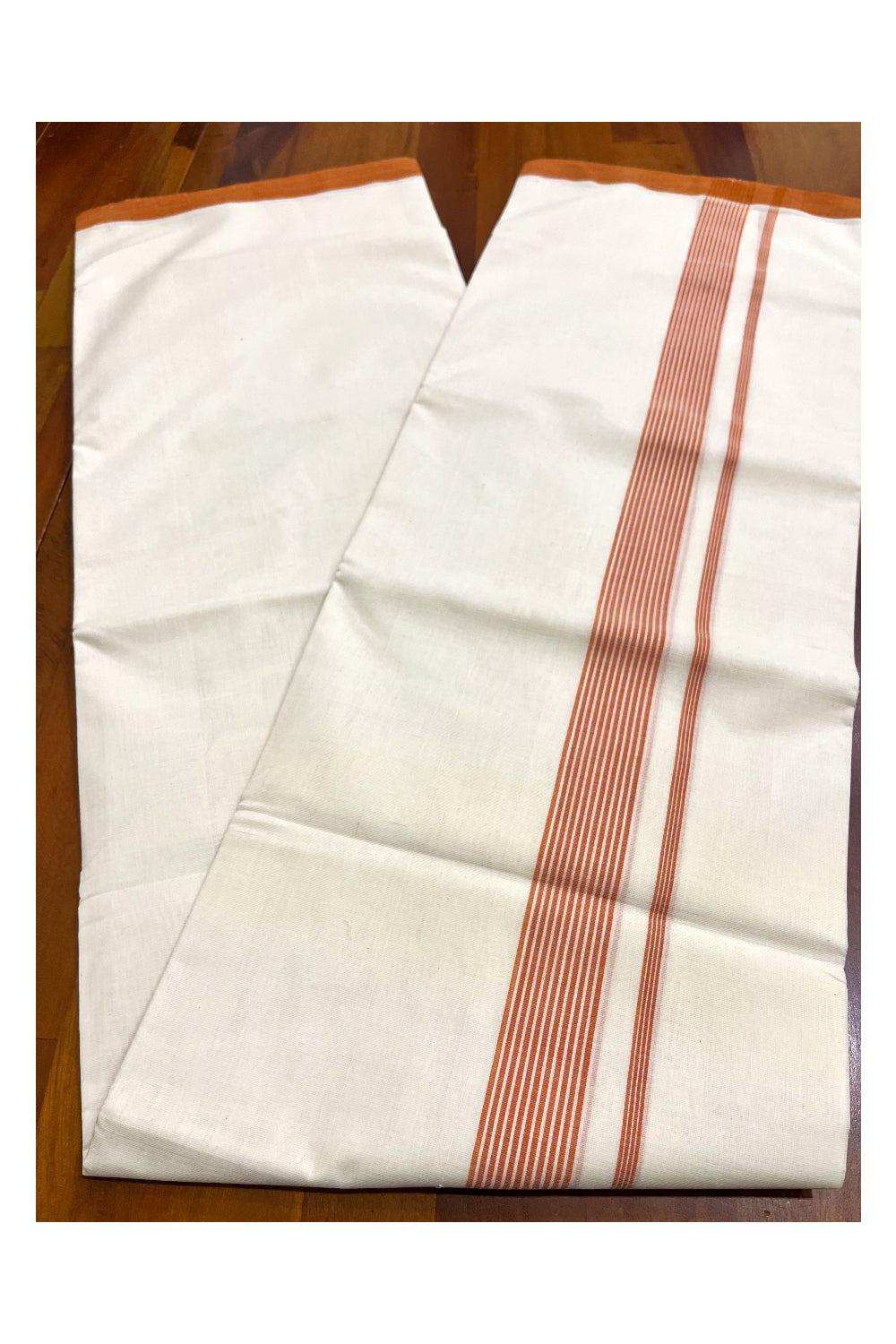 Premium Balaramapuram Handloom Unakkupaavu Cotton Double Mundu with Orange Line Border (Vishu 2024 Collection)