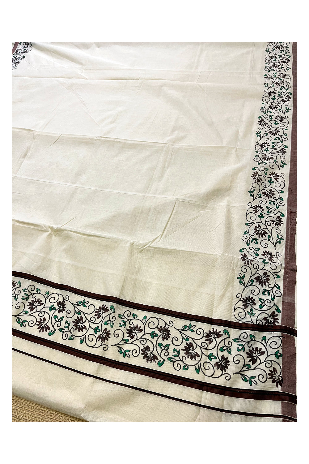 Pure Cotton Kerala Saree with Floral Block Prints and Brown Border