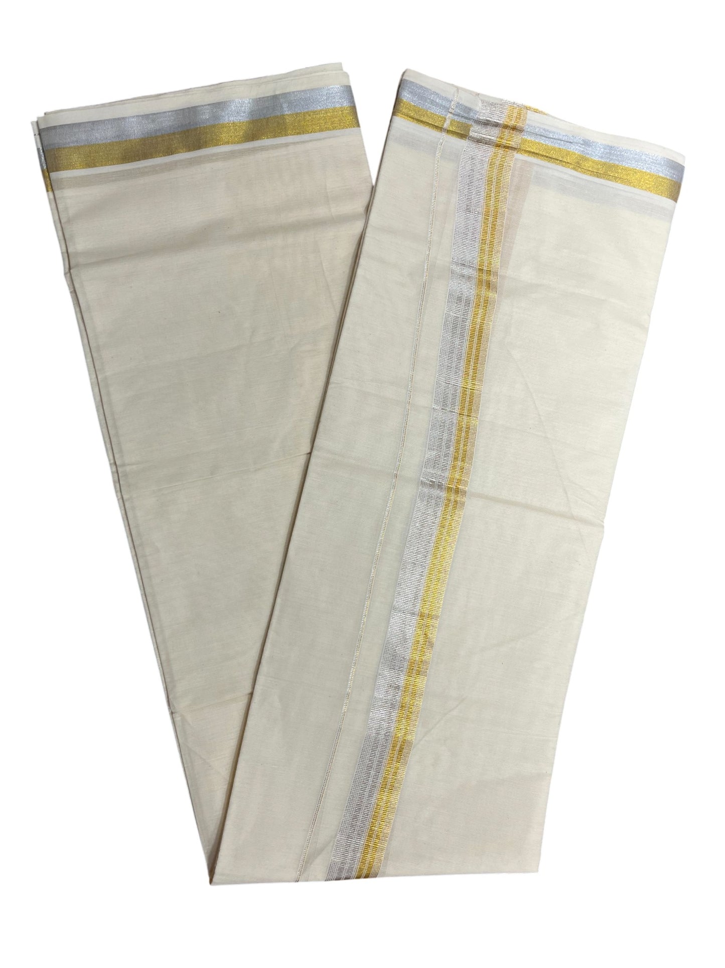 Southloom Kerala Pure Cotton Double Mundu with Silver and Gold Border (South Indian Dhoti)