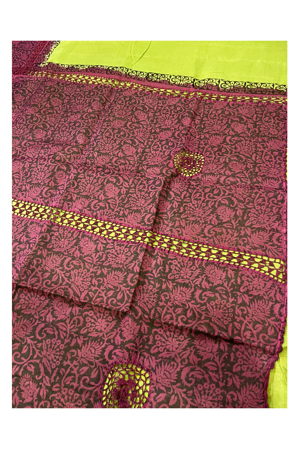 Southloom Pure Cotton Green Saree with Maroon Crochet Woven Designs