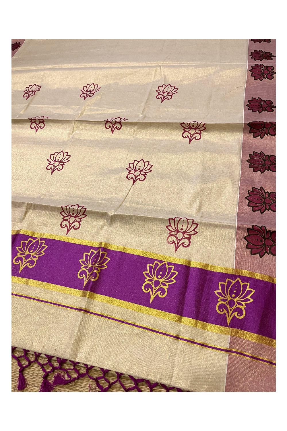 Kerala Tissue Kasavu Saree with Magenta and Golden Block Prints and Magenta Border