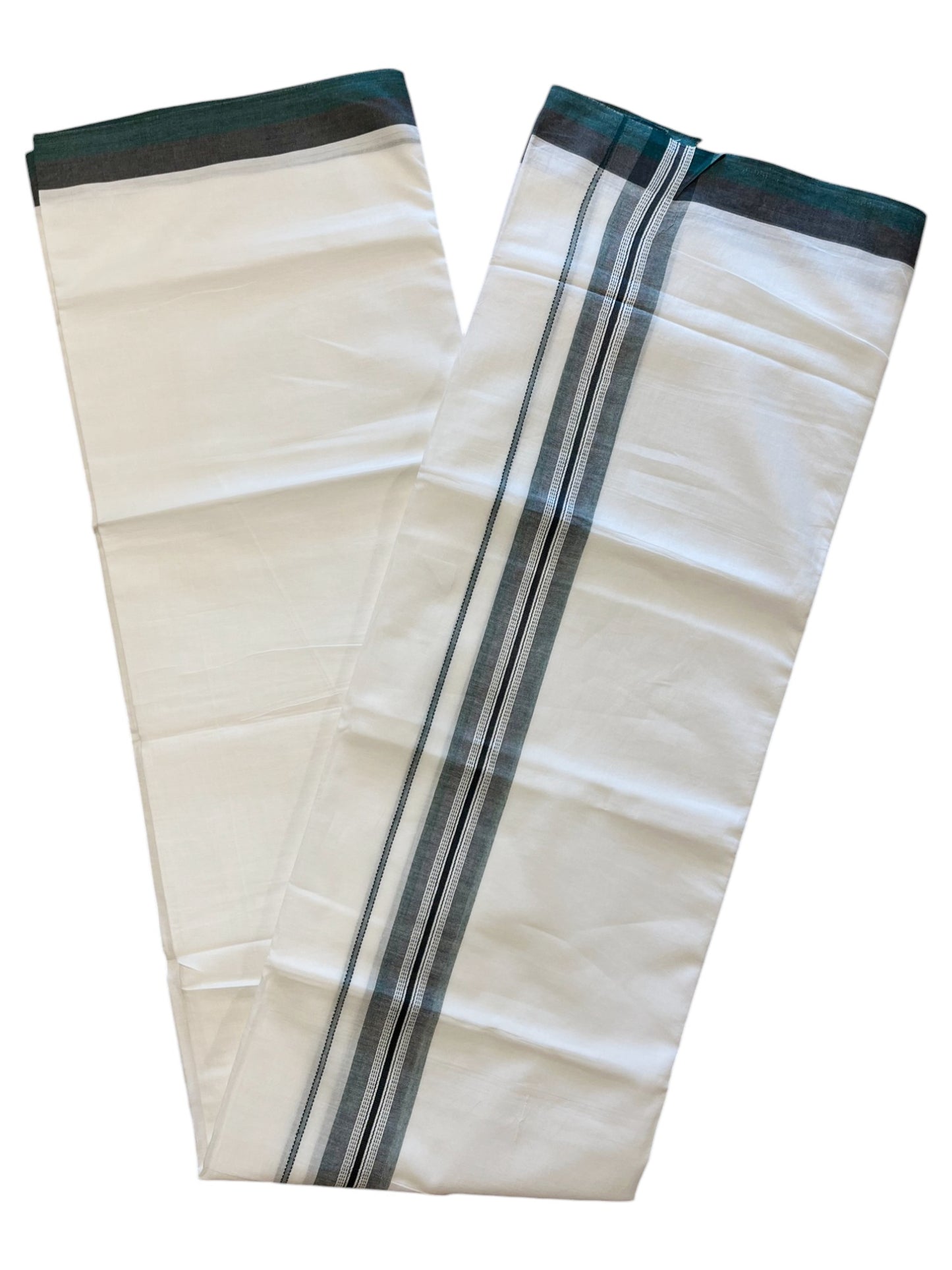 Pure White Cotton Double Mundu with Green Border (South Indian Dhoti)