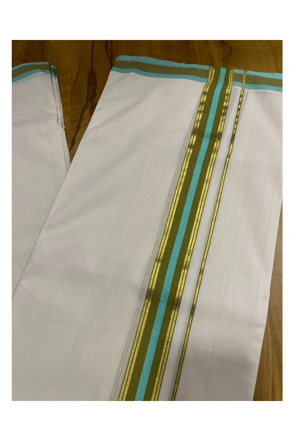 Premium Balaramapuram Handloom Unakkupaavu 1 inch Double Mundu with Kasavu and Green Kara