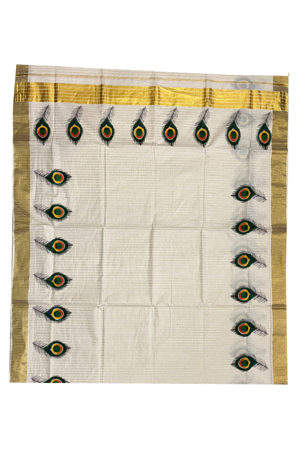 Pure Cotton Kerala Kasavu Lines Design and Feather Mural Work Saree (Onam Saree 2023)