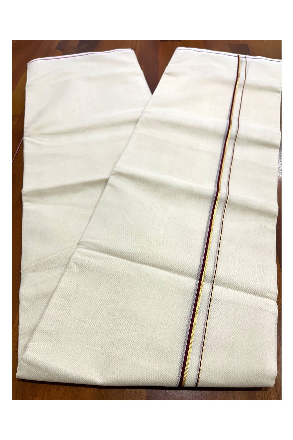 Southloom Premium Balaramapuram Unakkupaavu Handloom Kasavu Mundu with Maroon Thin Border (South Indian Kerala Dhoti)