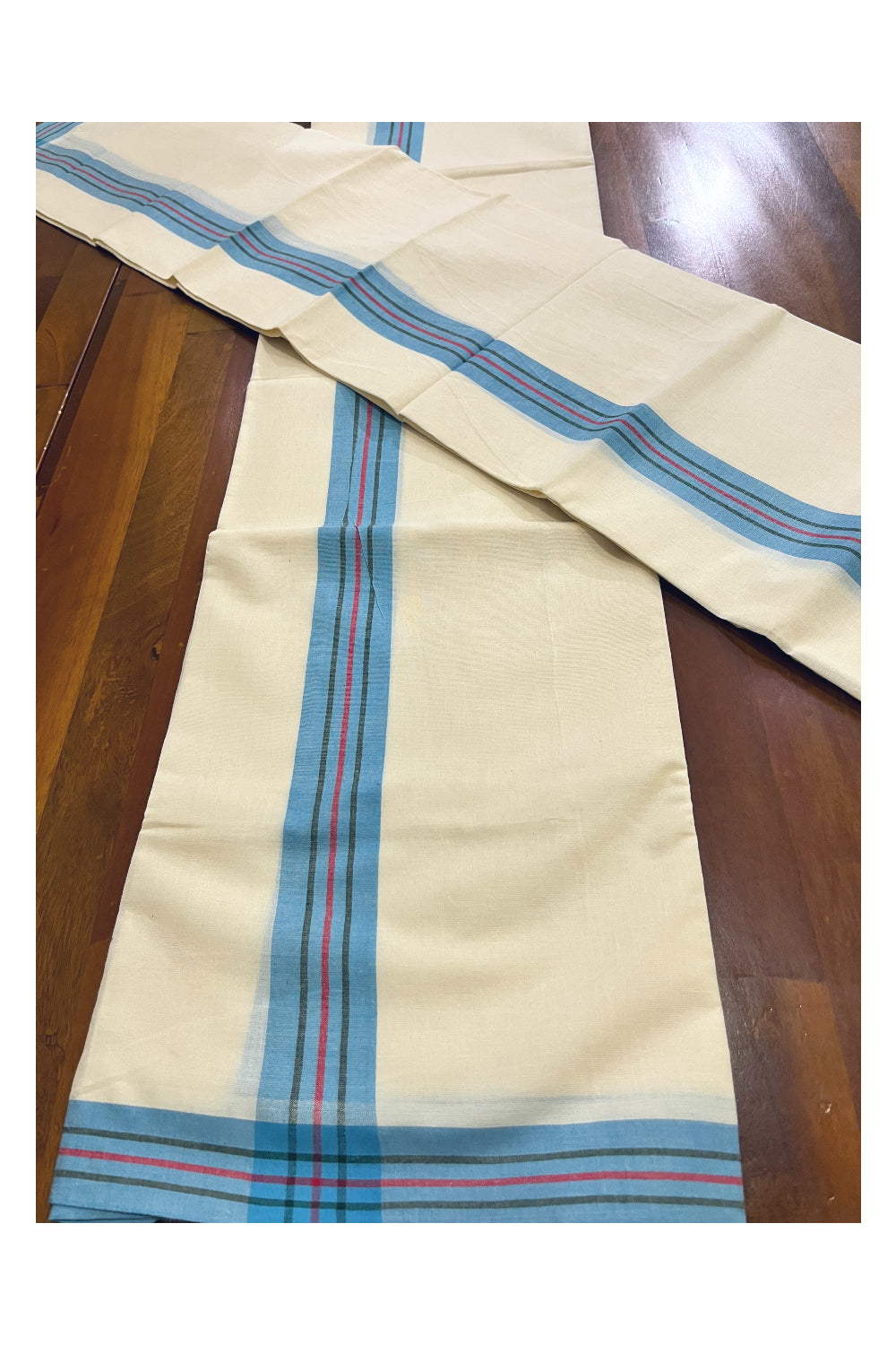 Kerala Cotton Mulloth Mundum Neriyathum Single (Set Mundu) with Blue Green Maroon Border (Extra Soft Cotton) 2.80 Mtrs