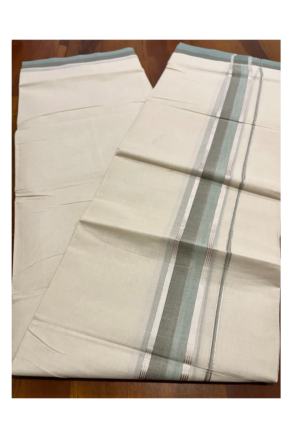 Kerala Pure Cotton Double Mundu with Turquoise Grey and Silver Kasavu Border (South Indian Kerala Dhoti)