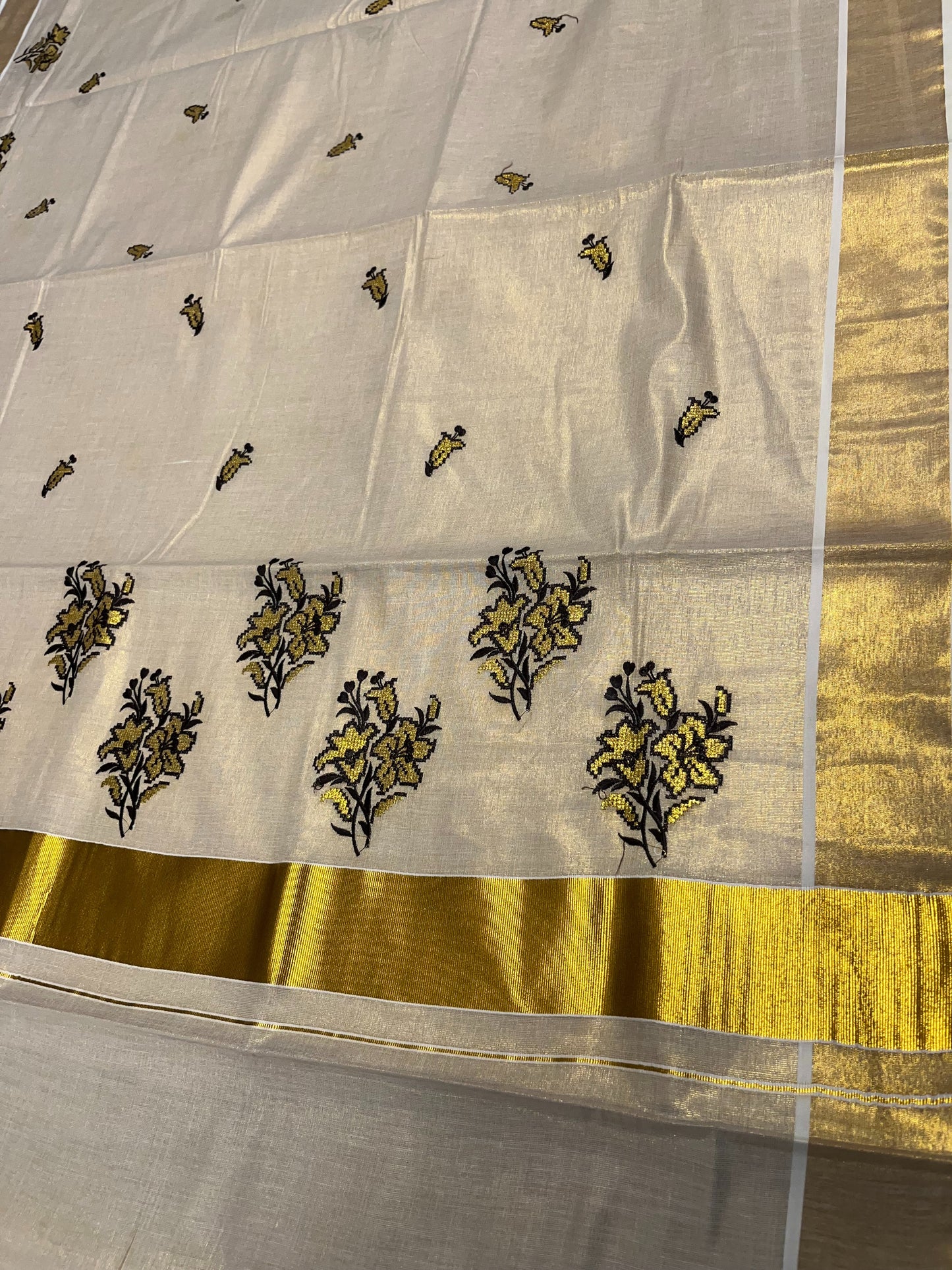 Southloom Tissue Kerala Kasavu Saree with Black & Golden Embroidery Works