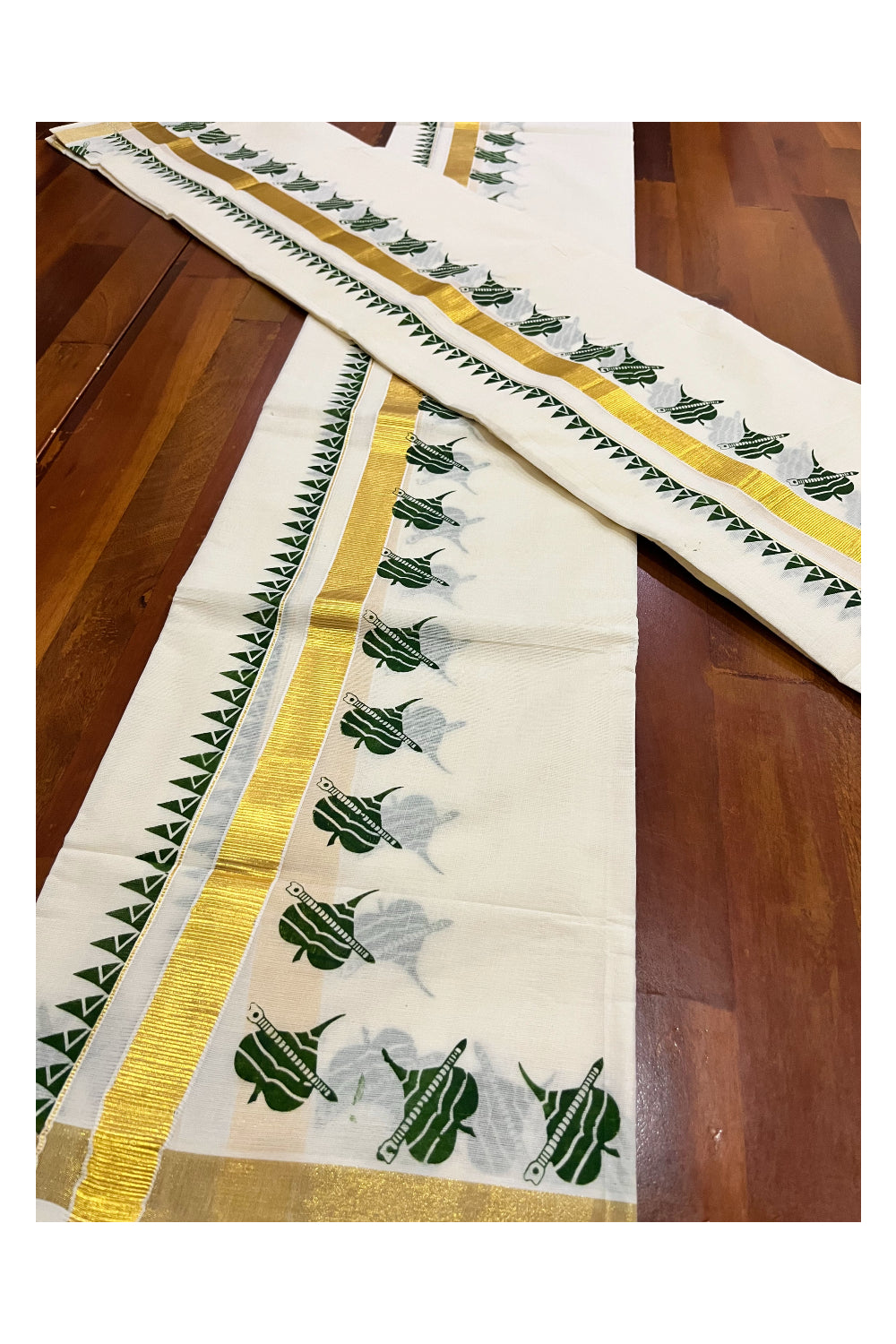 Kerala Pure Cotton Kasavu Set Mundu Single (Mundum Neriyathum) with Olive Green Block Prints and Temple Border 2.80 Mtrs