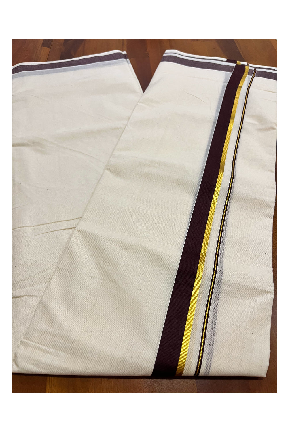 Pure Cotton Mundu with Brown and Kasavu Border (South Indian Kerala Dhoti)