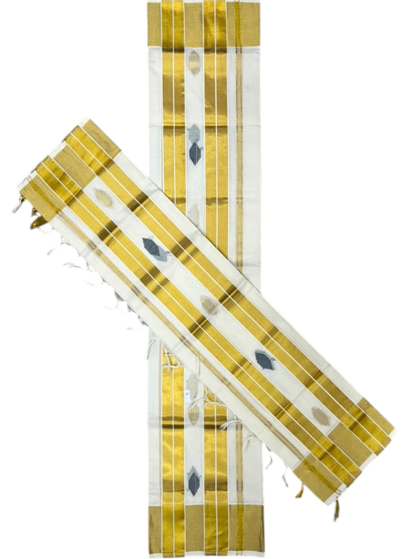 Southloom Premium Cotton Handloom Set Mundu with Kasavu With Green And Golden Border (2.80 Mtr)