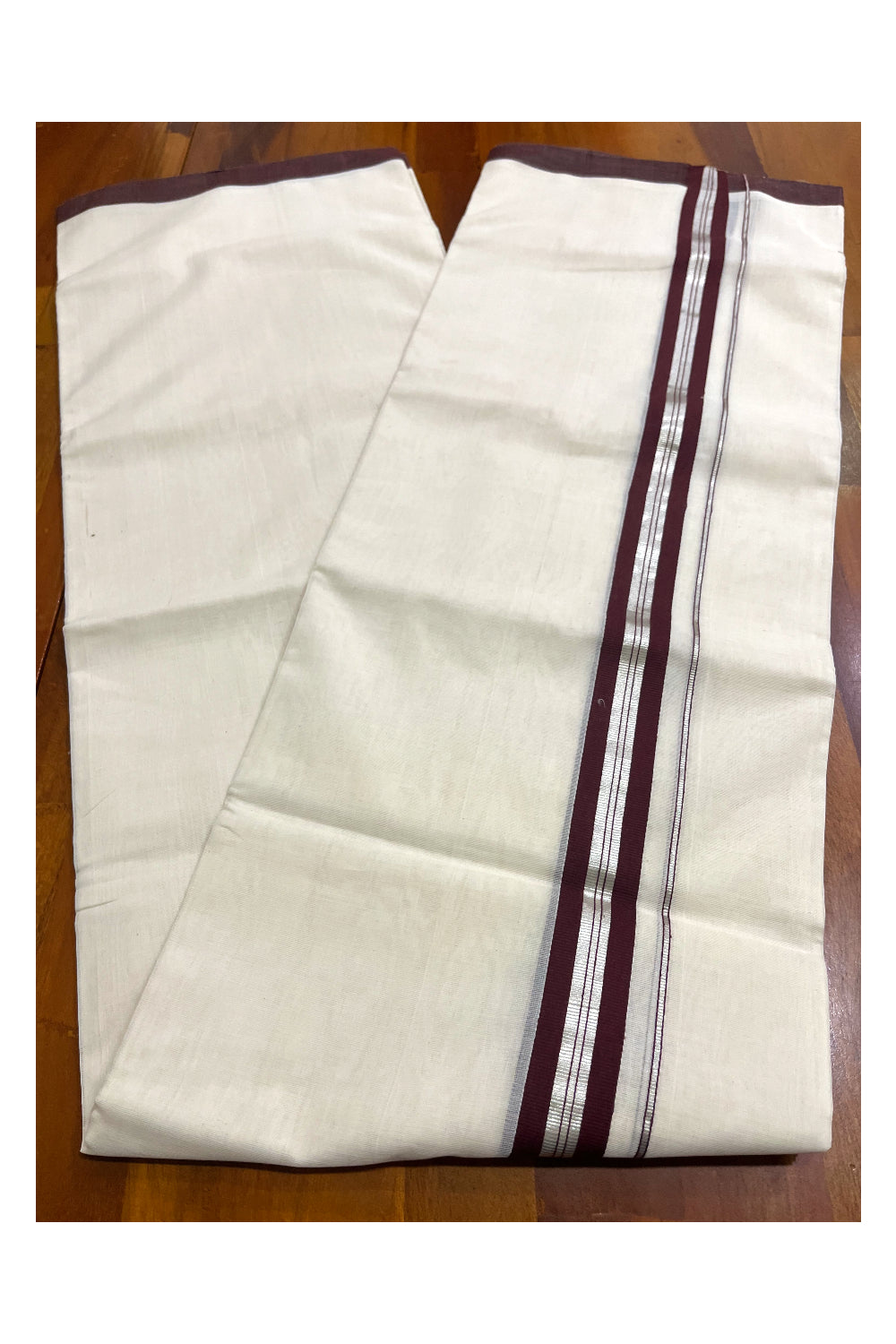 Premium Balaramapuram Handloom Unakkupaavu Cotton Double Mundu with Brown and Silver Kasavu Border
