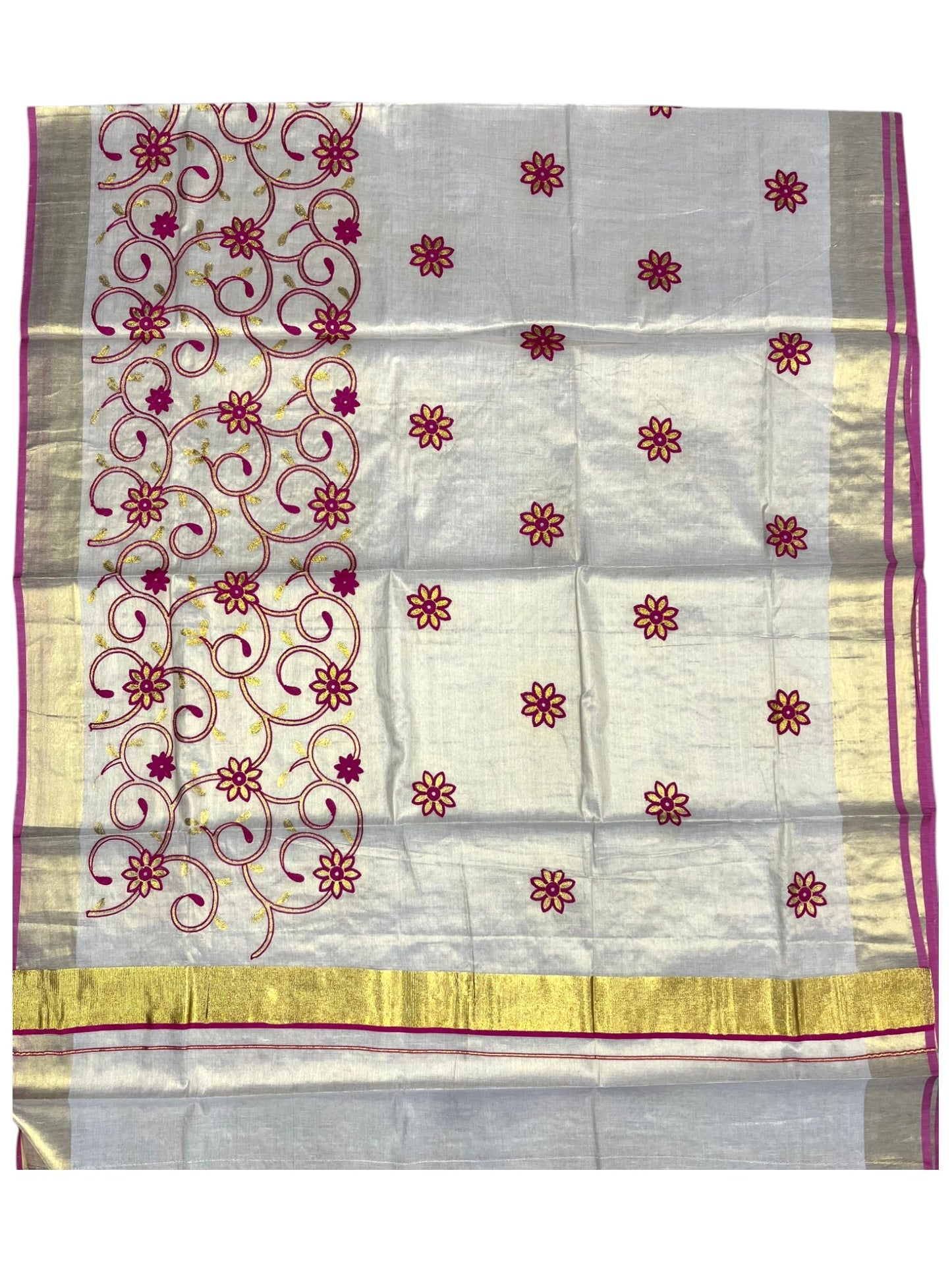Southloom Kerala Tissue Kasavu Saree With Magenta and Golden Floral Embroidery Works