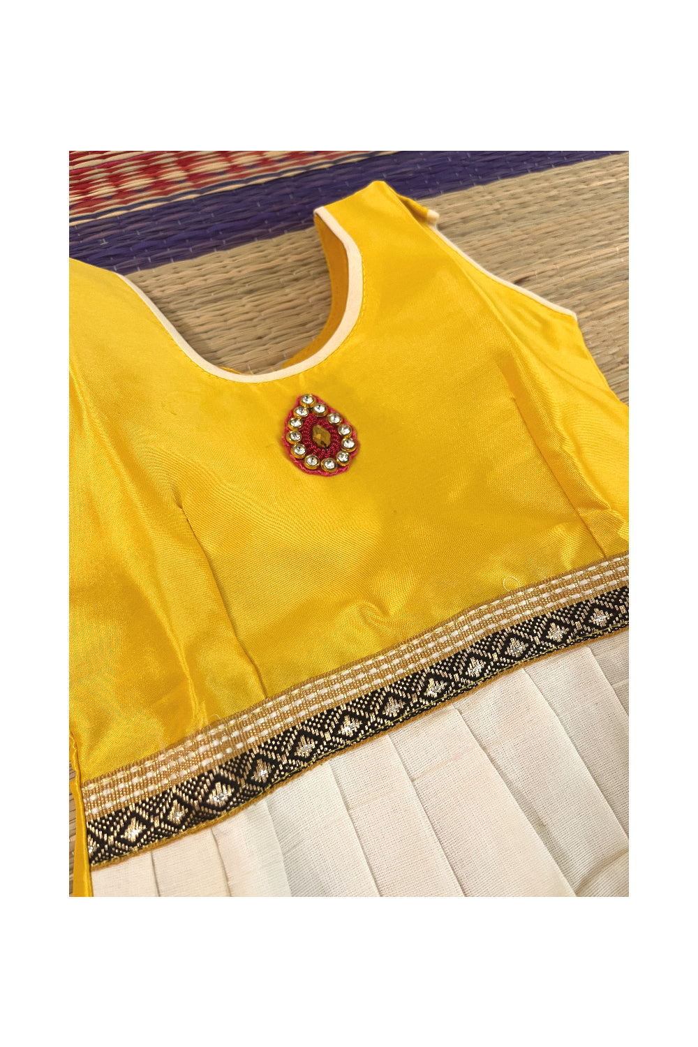 Southloom Kerala Cotton Pavada Blouse with Yellow and Mural Prints Designs for Kids (1 Year)