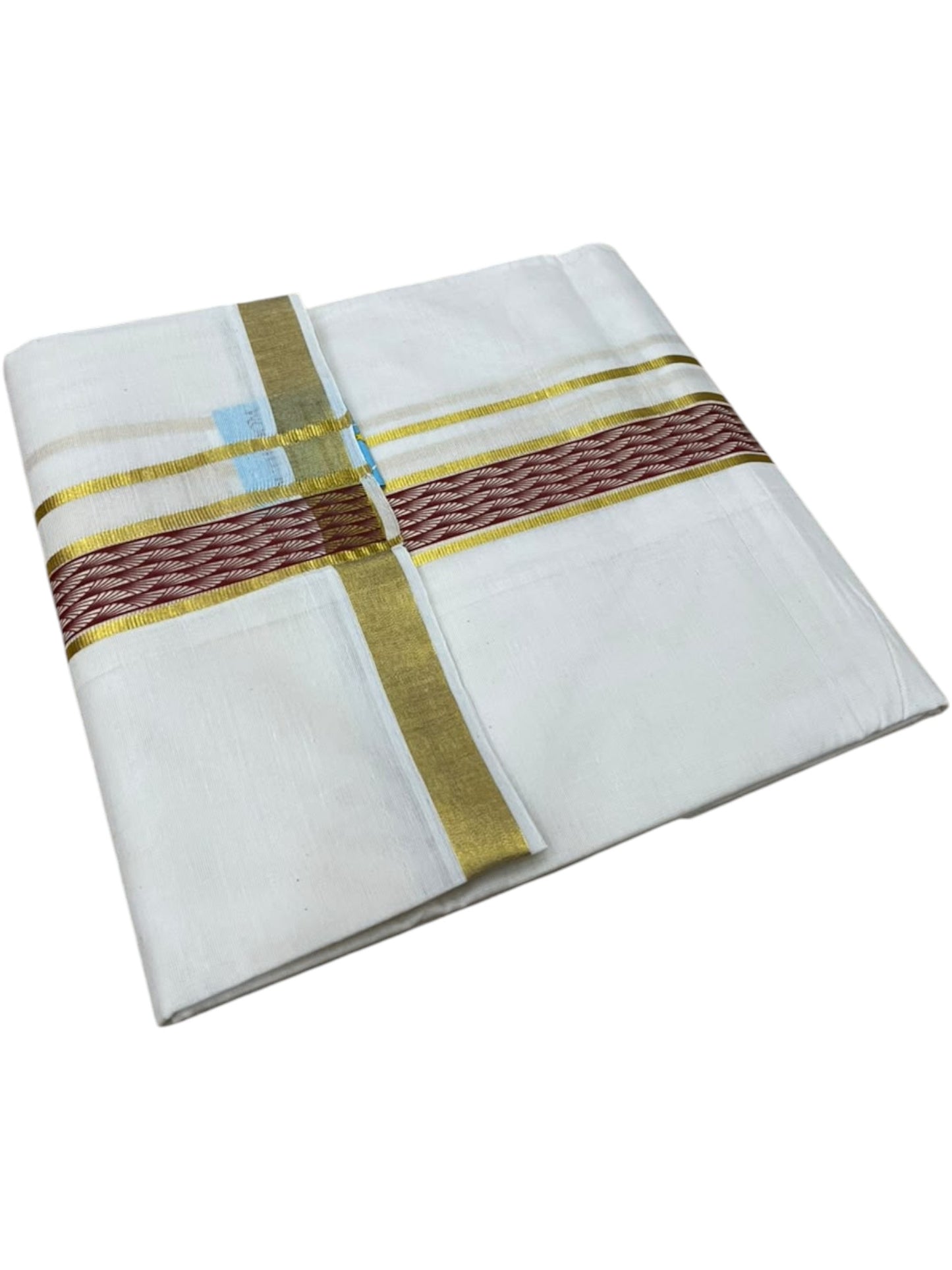 Southloom Pure Cotton Double Mundu with Maroon Block Printed And Ksavu Border (South Indian Kerala Dhoti)