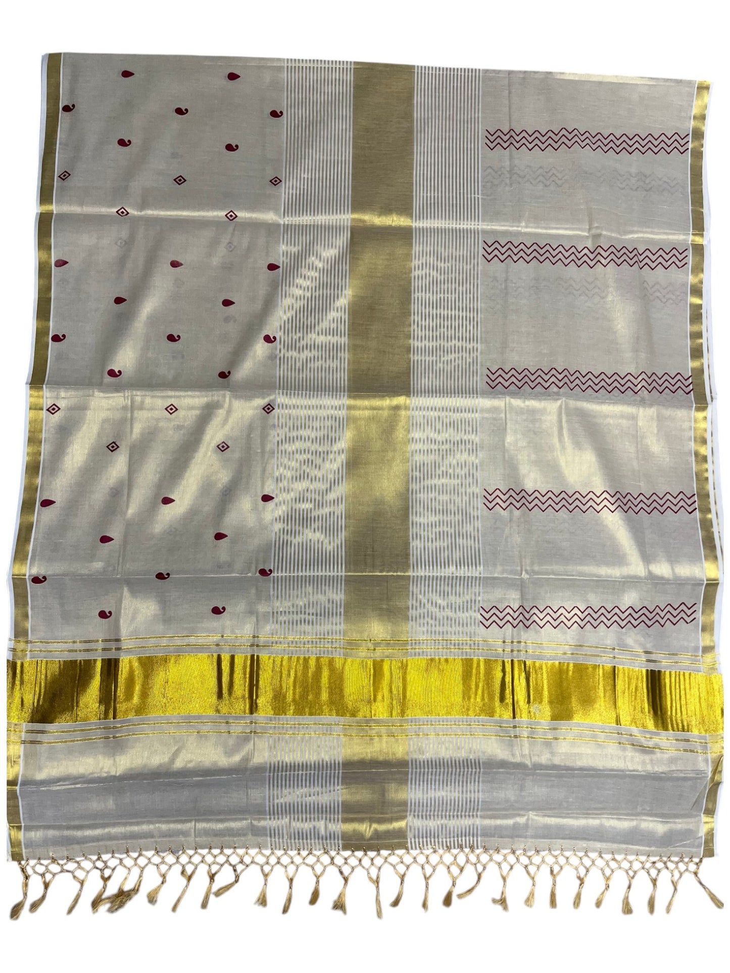 Southloom Kerala Tissue Kasavu Saree Maroon Hand Printed
