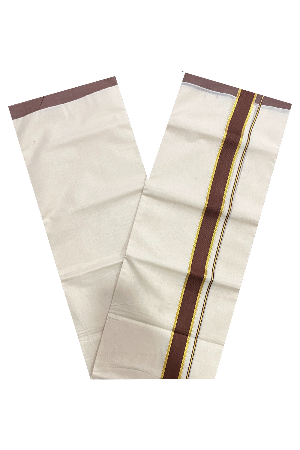 Pure Cotton 100x100 Double Mundu with Kasavu and Brown Kara (Onam Mundu 2023)