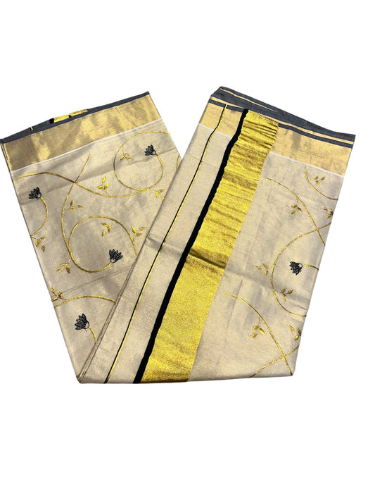 Southloom Kerala Tissue Plain Kasavu Saree with Black ang Gold Embroidery Saree