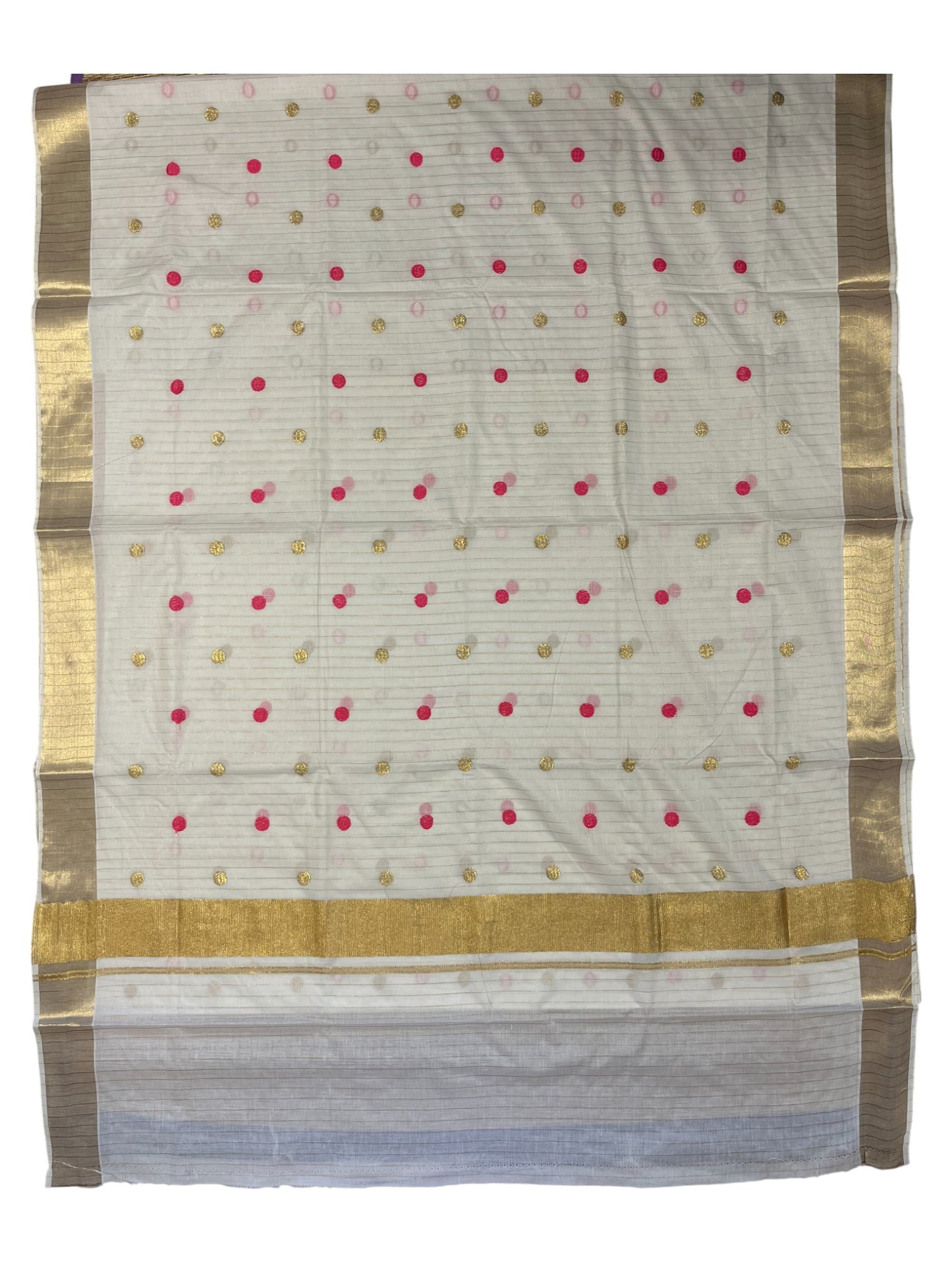 Southloom Kerala Pure Cotton Saree with Gold&Pink Polka Embroidery Works on Body