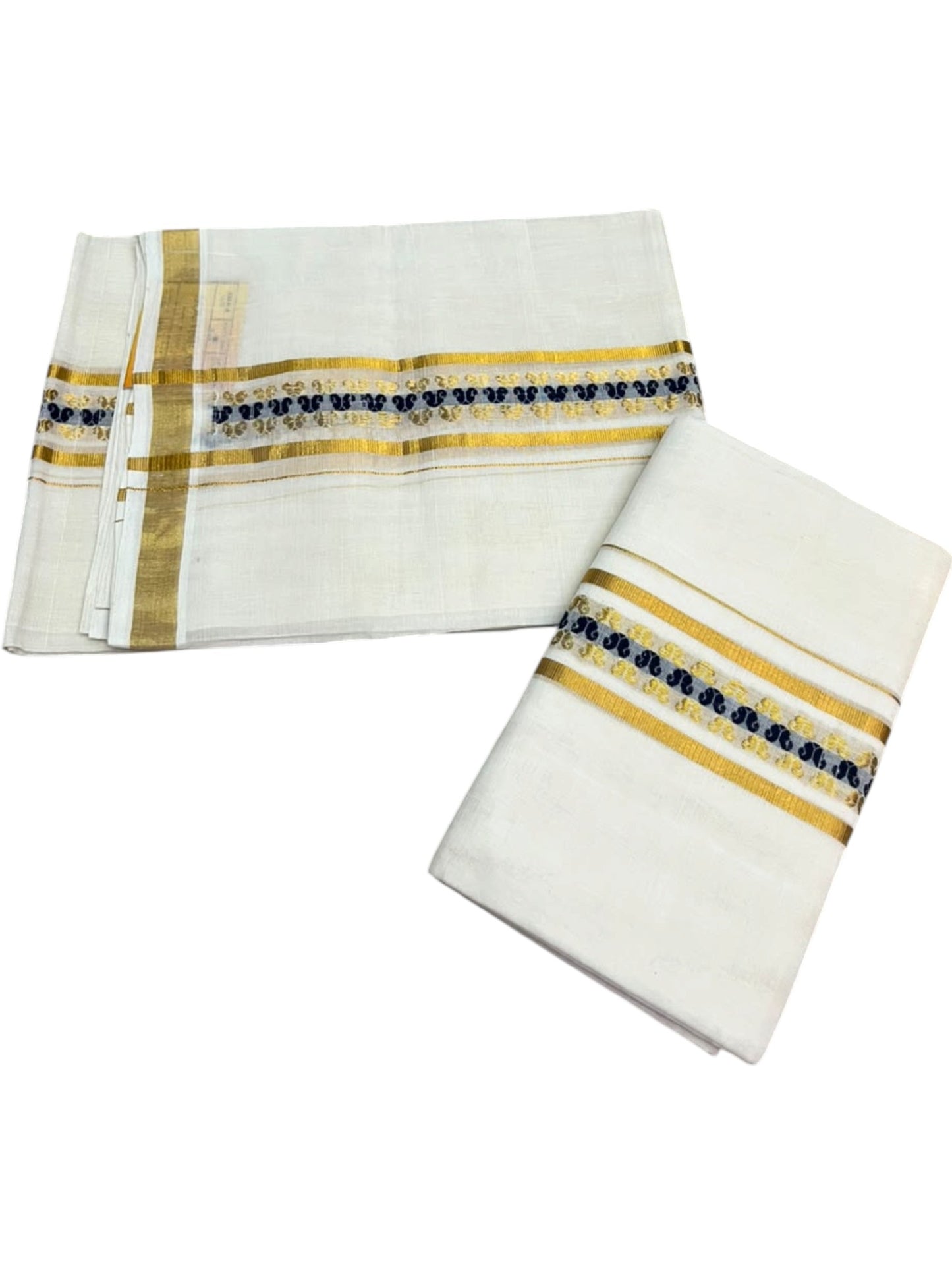 Southloom Premium Cotton Handloom Set Mundu With Blue Woven Dots Design And Golde Kasavu Border (2.80 Mtr) SL632