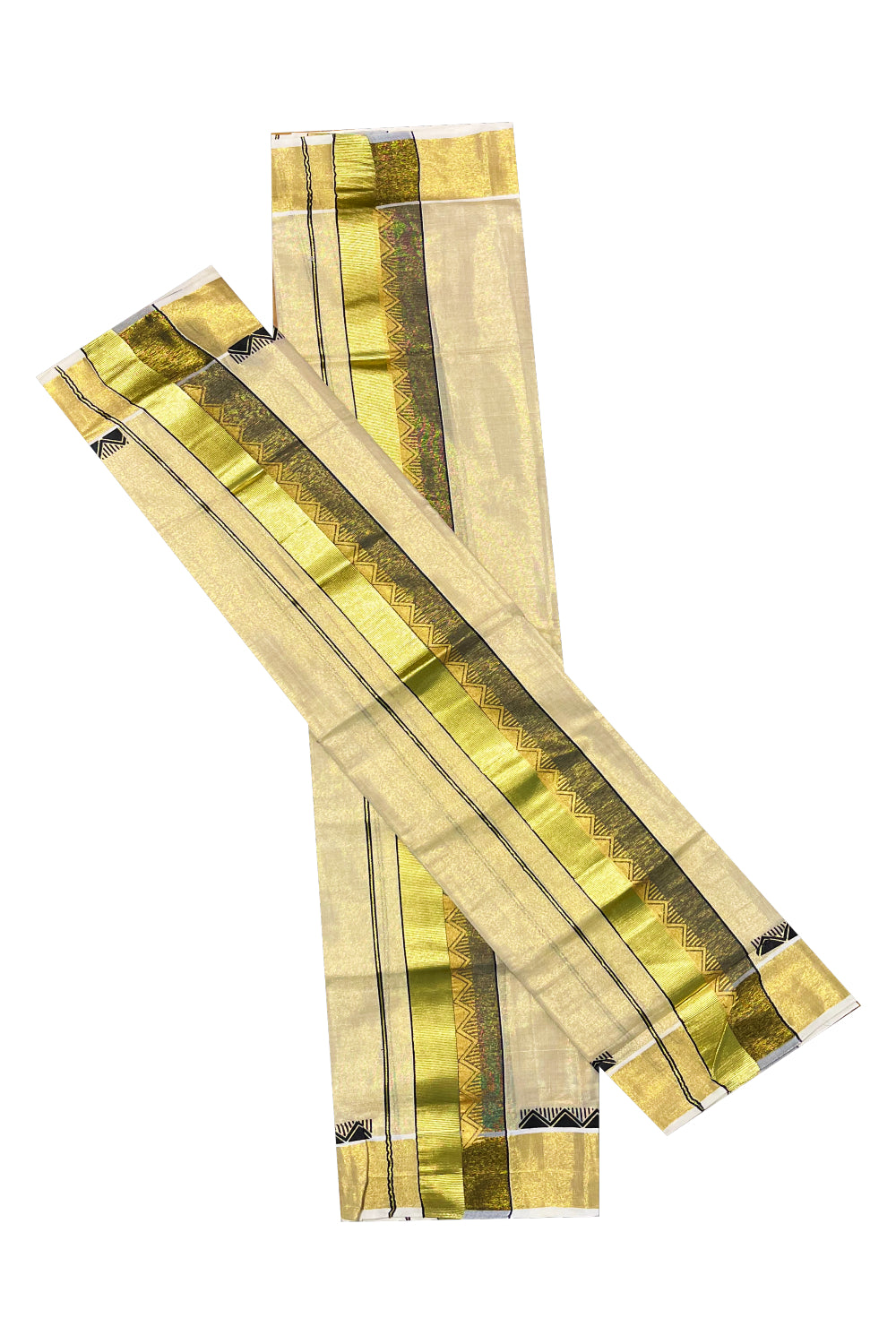 Kerala Tissue Single Set Mundu (Mundum Neriyathum) with Black and Kasavu Printed Border 2.80Mtr