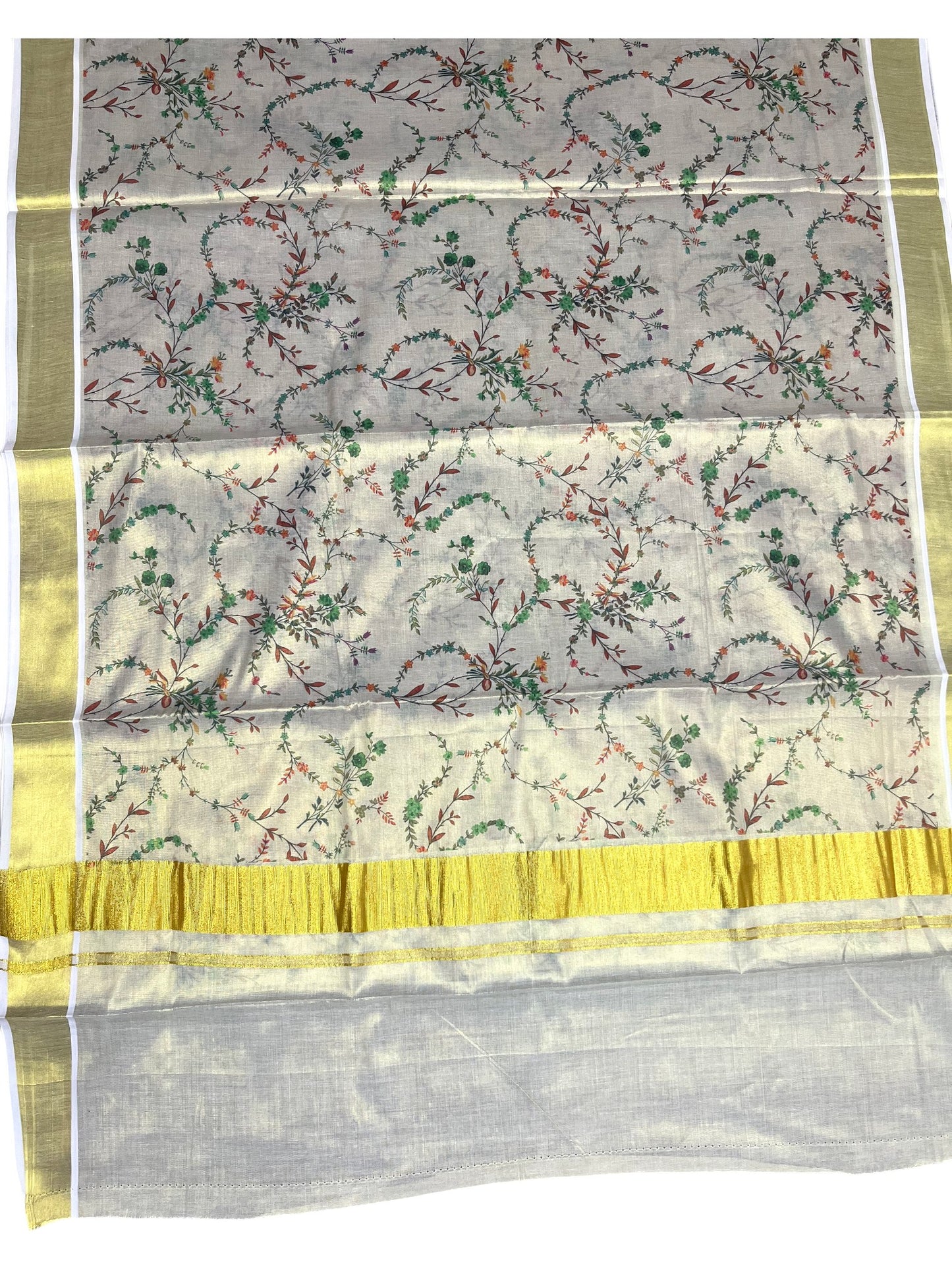 Southloom Tissue Kalamkari Print Kerala Kasavu Saree in Green