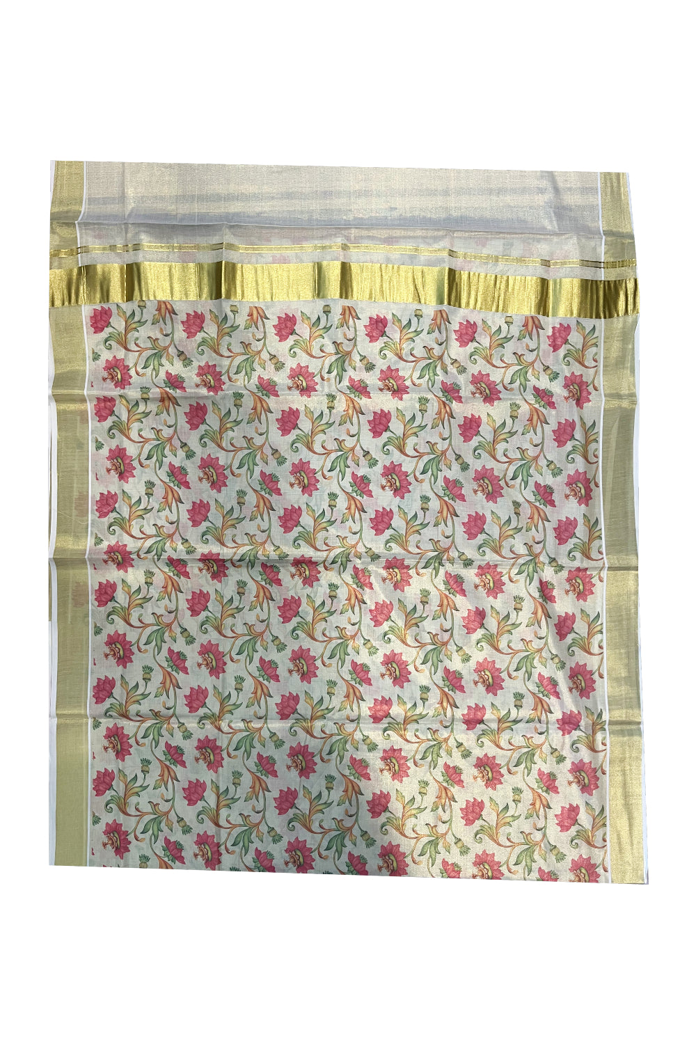 Kerala Tissue Kasavu Saree with Pink Lotus Floral Kalamkari Design