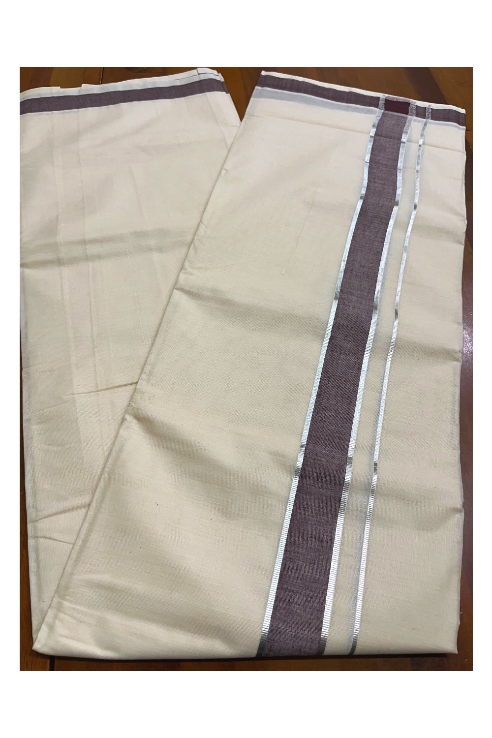 Kerala Pure Cotton Double Mundu with Brown and Silver Kasavu Border (South Indian Kerala Dhoti)