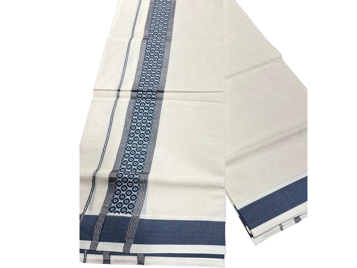 Southloom Pure Cotton Mundu With Silver Lines And Blue Print (South Indian Kerala Dhoti)