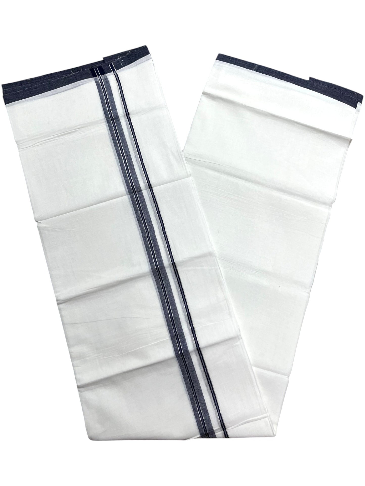 Southloom Pure White Cotton Mundu with Blue & Silver Line Border (South Indian Kerala Dhoti)